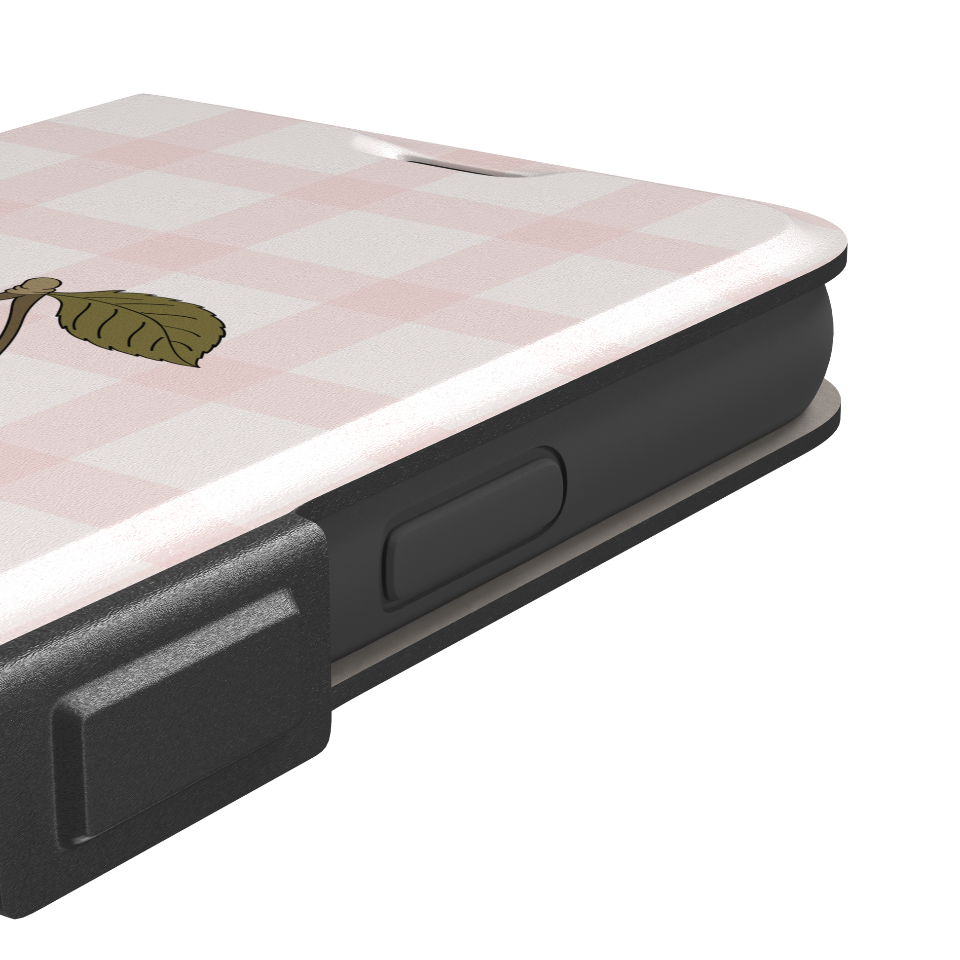 Cherry Swing phone case featuring a white cartoon kitten with a pink bow sitting on a cherry-suspended swing over a blush pink gingham background, phone case by Caselier — wallet case, volume buttons detail