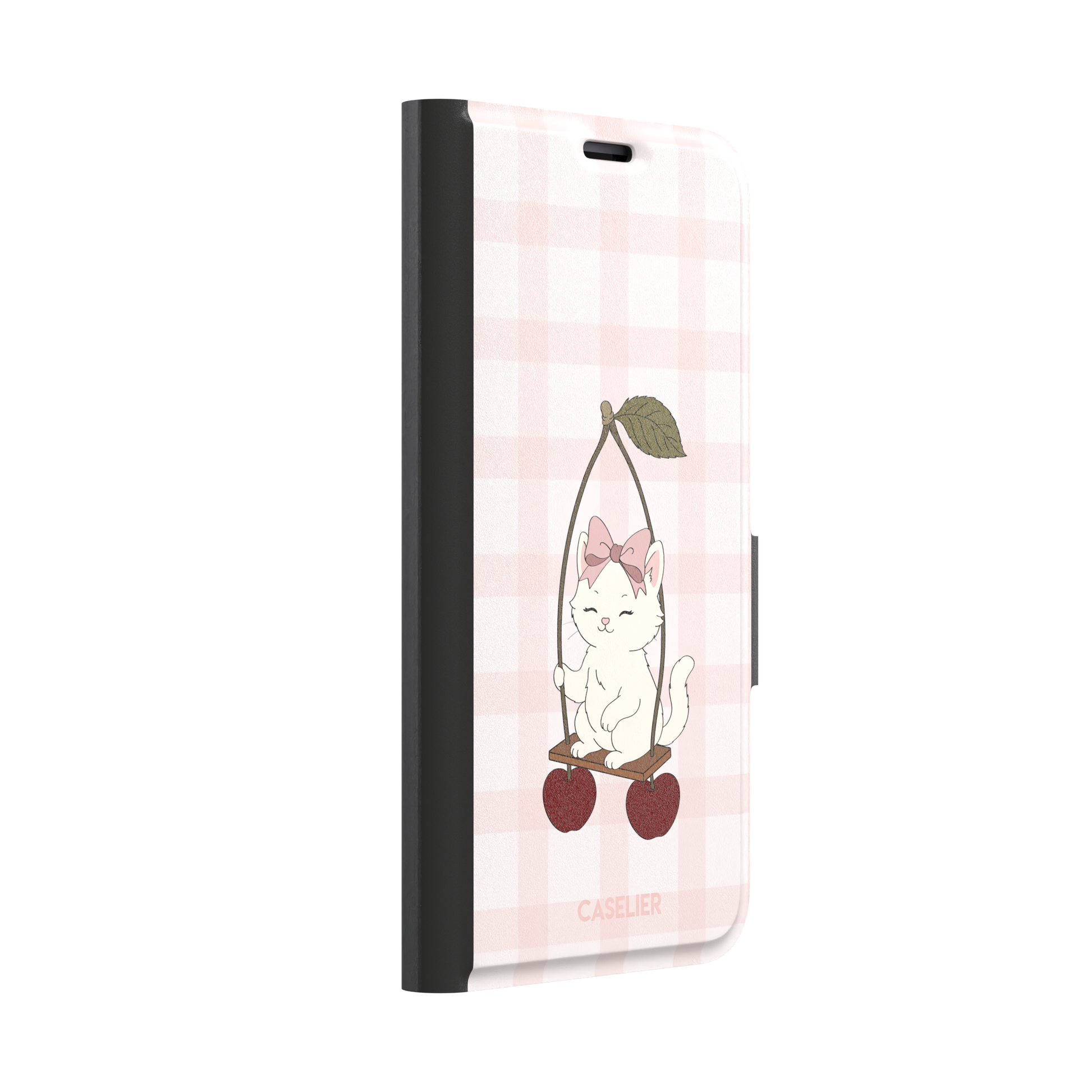 Cherry Swing phone case featuring a white cartoon kitten with a pink bow sitting on a cherry-suspended swing over a blush pink gingham background, phone case by Caselier — wallet case, left view