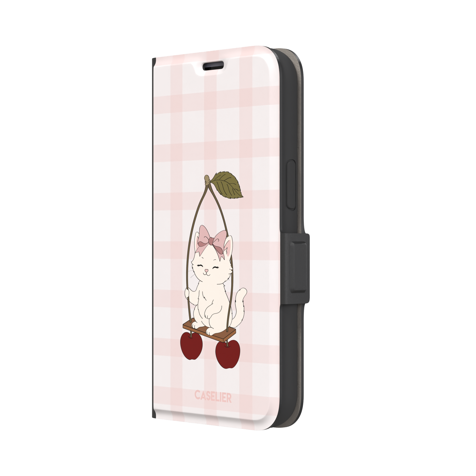Cherry Swing phone case featuring a white cartoon kitten with a pink bow sitting on a cherry-suspended swing over a blush pink gingham background, phone case by Caselier — wallet case, right view