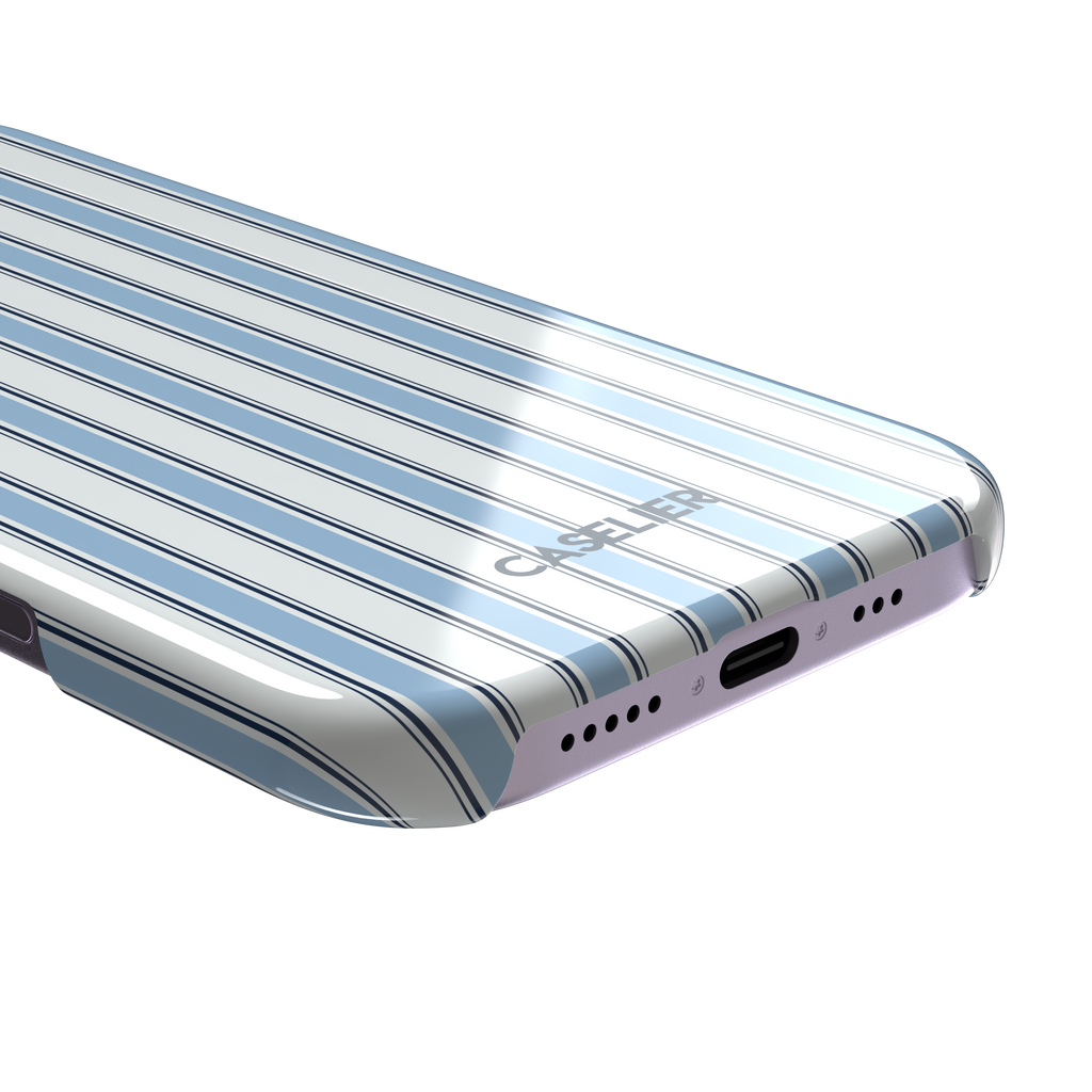 Classy Stripes, vertical sky blue and navy pinstripes on white, snap case, charging port detail, phone case by Caselier