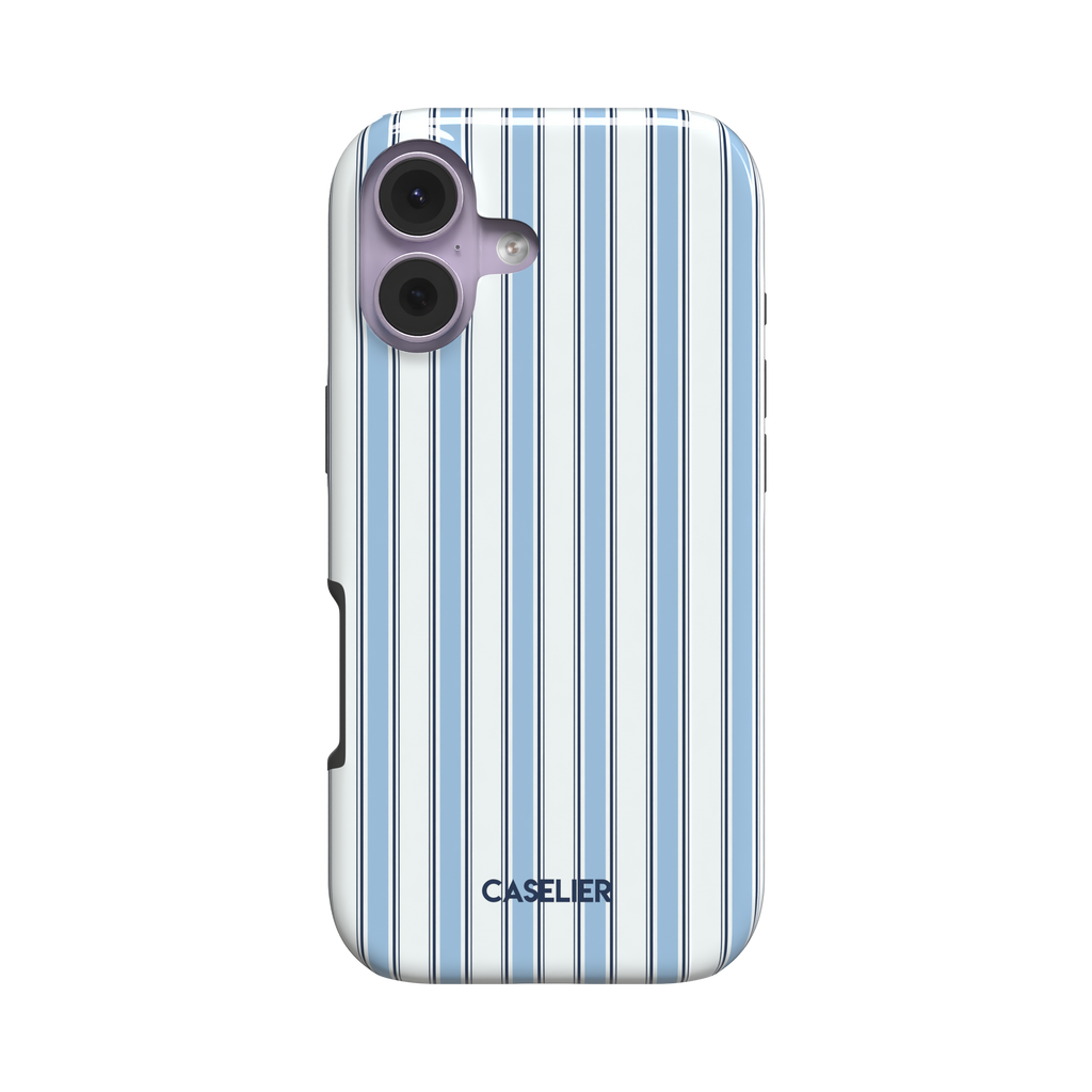 Classy Stripes phone case in sky blue and white vertical ticking stripes with navy accent lines, slim snap case with card slot cutout visible on the side, rear three-quarter view, phone case by Caselier - tough case, front view | Caselier