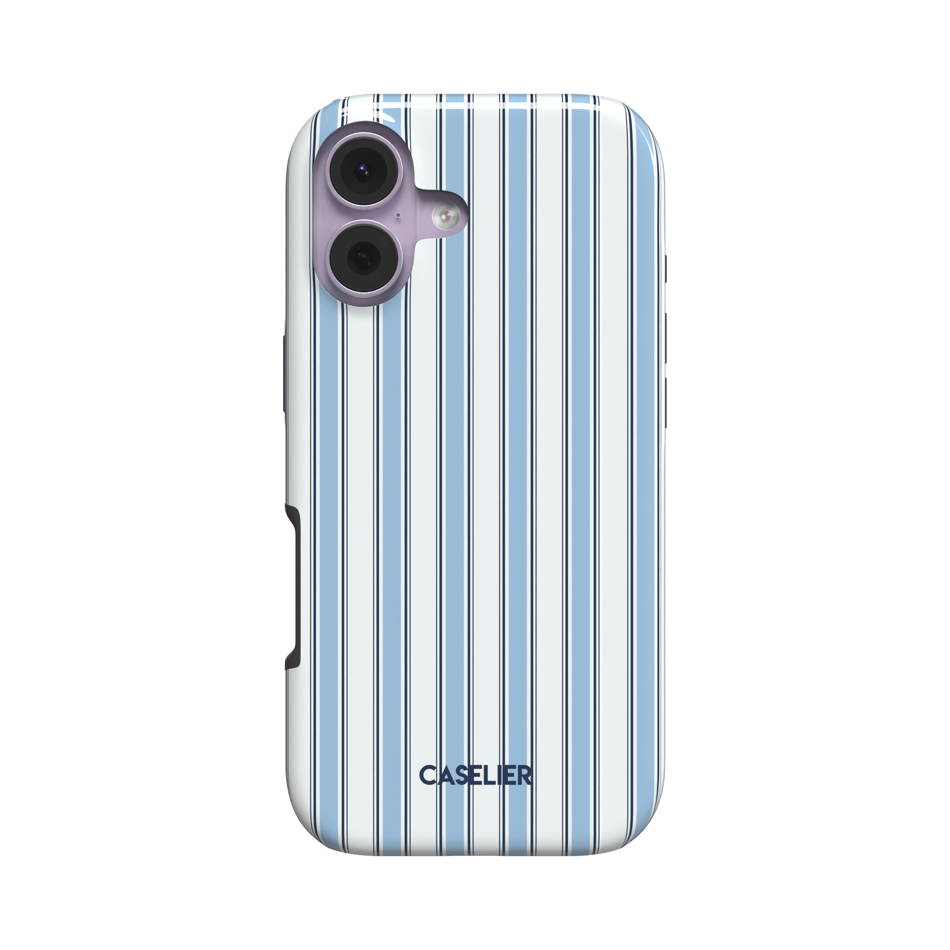 Classy Stripes phone case in sky blue and white vertical ticking stripes with navy accent lines, slim snap case with card slot cutout visible on the side, rear three-quarter view, phone case by Caselier - tough case, front view | Caselier