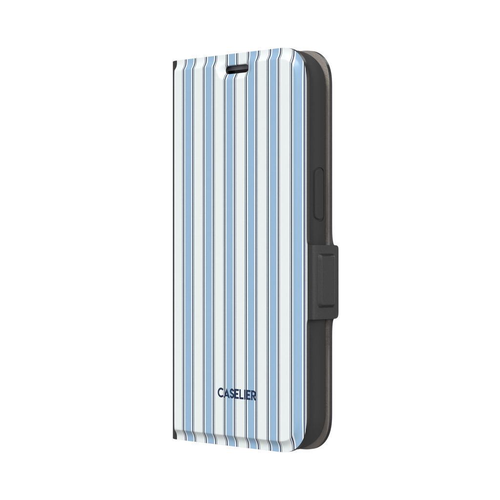 Classy Stripes, vertical sky blue and navy pinstripes on white, wallet case, right view, phone case by Caselier
