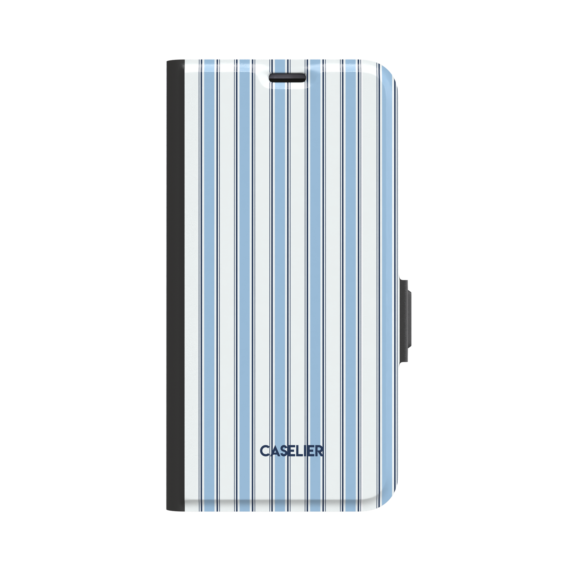 Classy Stripes folio wallet case in sky blue and white vertical ticking stripes with navy accent lines, black spine and magnetic clasp, front view on white background, phone case by Caselier - wallet case, front view | Caselier