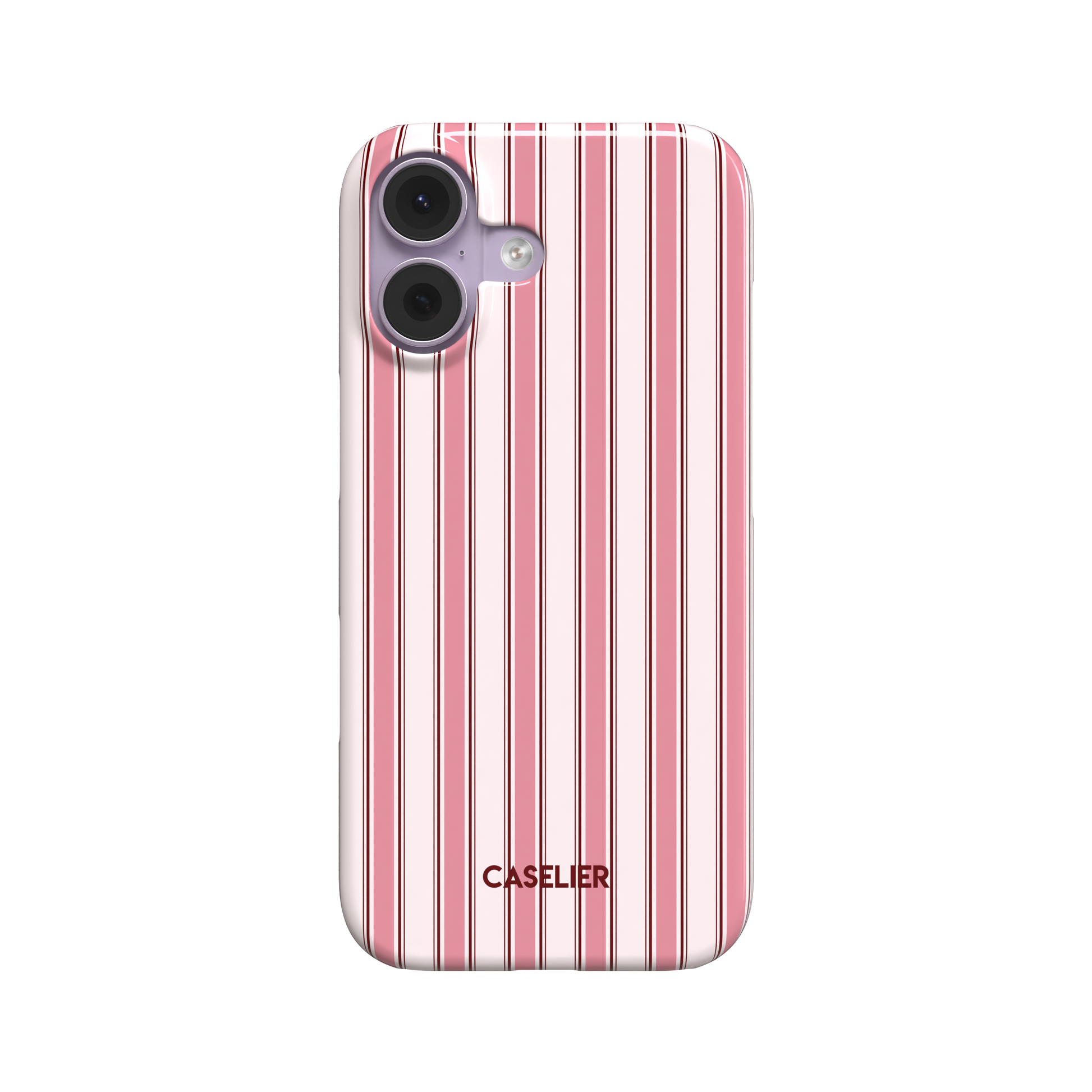 Classy Stripes phone case in blush pink, rose and deep crimson vertical ticking stripes on a white base, slim snap case, rear view on white background, phone case by Caselier - snap case, front view | Caselier