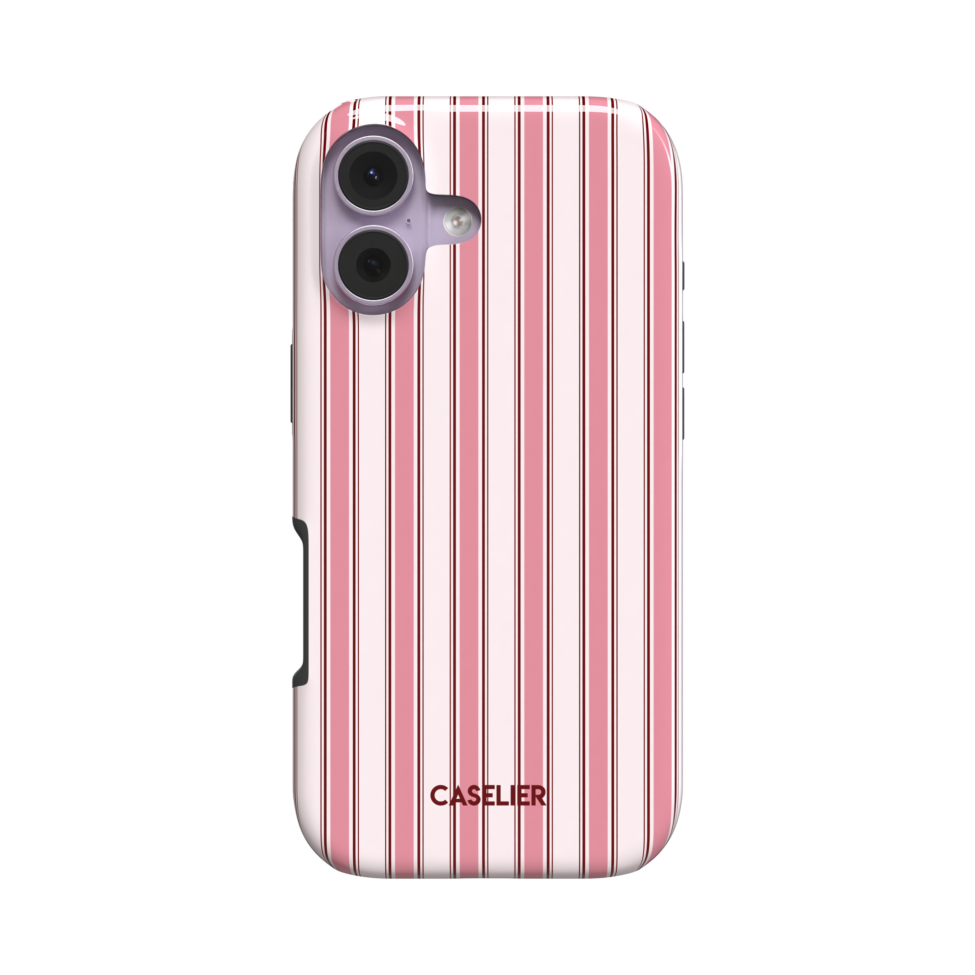 Classy Stripes phone case in blush pink, rose and deep crimson vertical ticking stripes, slim snap case with card slot cutout visible on the side, rear three-quarter view, phone case by Caselier - tough case, front view | Caselier