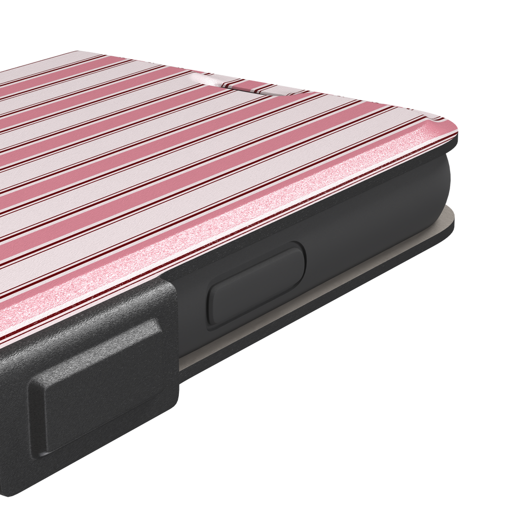 Classy Stripes, vertical pink and burgundy pinstripes on white, wallet case, volume buttons detail, phone case by Caselier