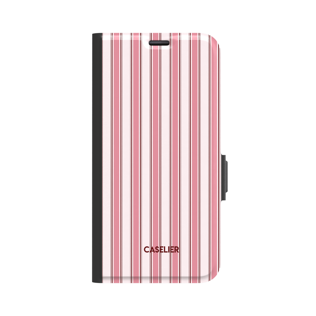 Classy Stripes folio wallet case in blush pink, rose and deep crimson vertical ticking stripes on a white base, black spine and magnetic clasp, front view on white background, phone case by Caselier - wallet case, front view | Caselier