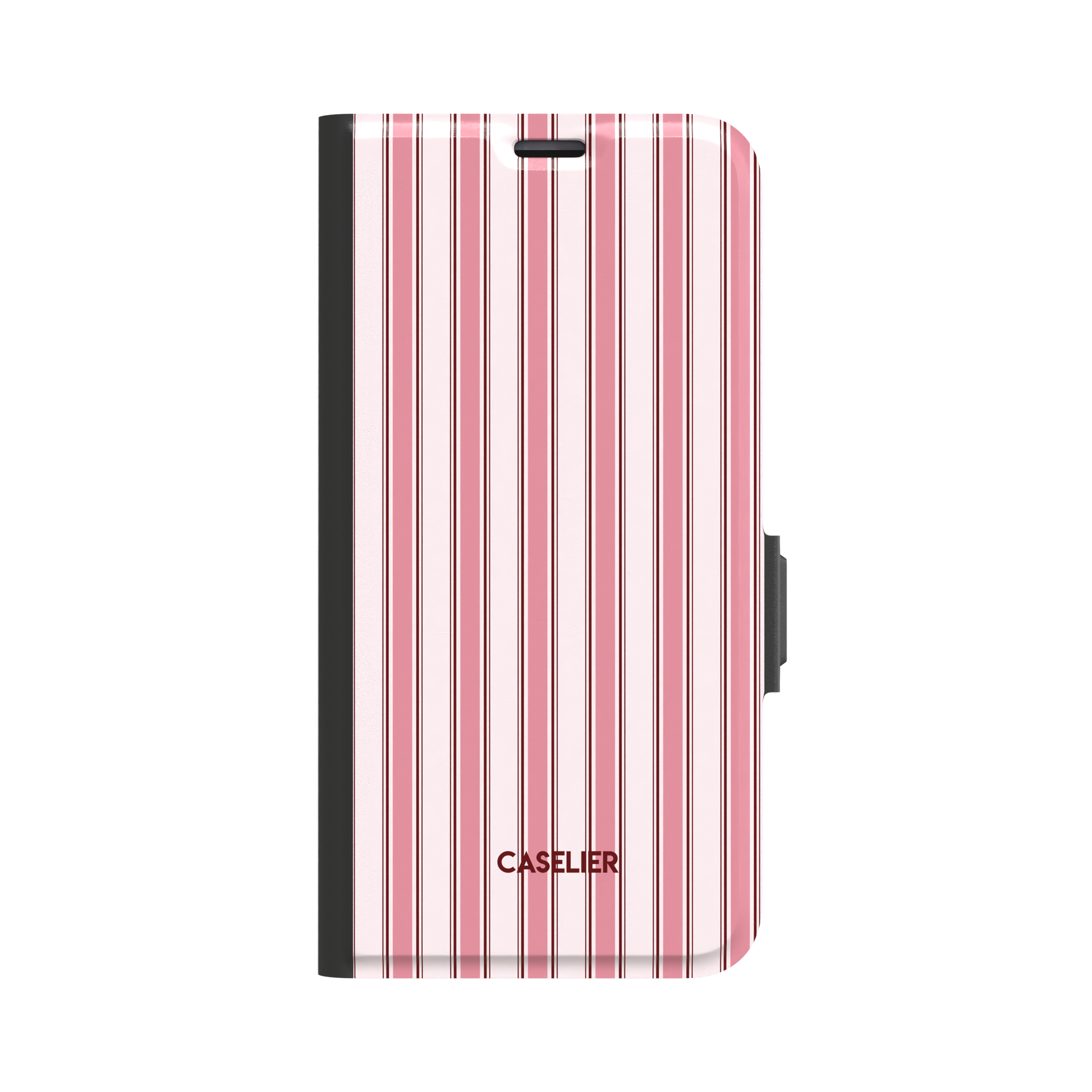 Classy Stripes folio wallet case in blush pink, rose and deep crimson vertical ticking stripes on a white base, black spine and magnetic clasp, front view on white background, phone case by Caselier - wallet case, front view | Caselier