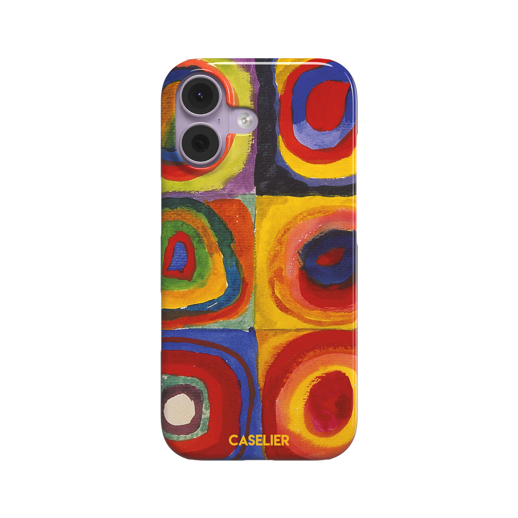 Kandinsky color Study Squares with Concentric Circles phone case showing vivid red, blue, yellow and green painted rings, phone case by Caselier — snap case, front view