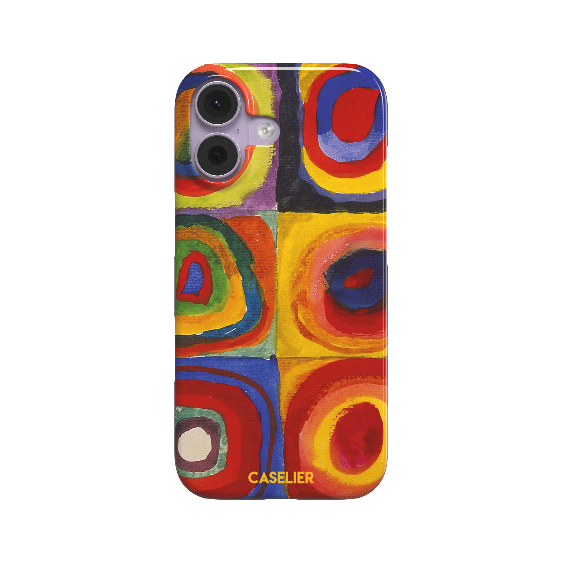 Kandinsky color Study Squares with Concentric Circles phone case showing vivid red, blue, yellow and green painted rings, phone case by Caselier — snap case, front view