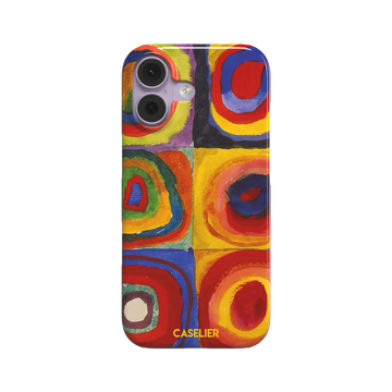 Kandinsky color Study Squares with Concentric Circles phone case showing vivid red, blue, yellow and green painted rings, phone case by Caselier — snap case, front view