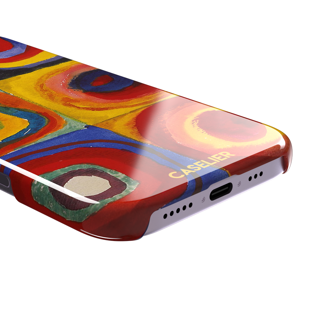 Kandinsky color Study Squares with Concentric Circles phone case showing vivid red, blue, yellow and green painted rings, phone case by Caselier — snap case, charging port detail
