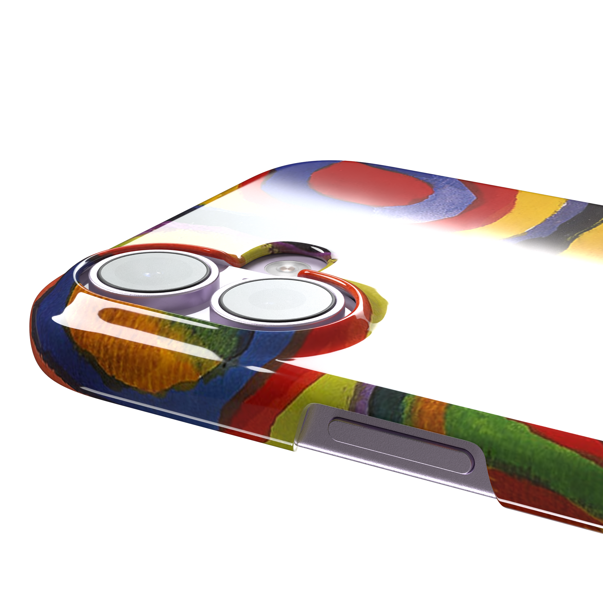 Kandinsky color Study Squares with Concentric Circles phone case showing vivid red, blue, yellow and green painted rings, phone case by Caselier — snap case, volume buttons detail