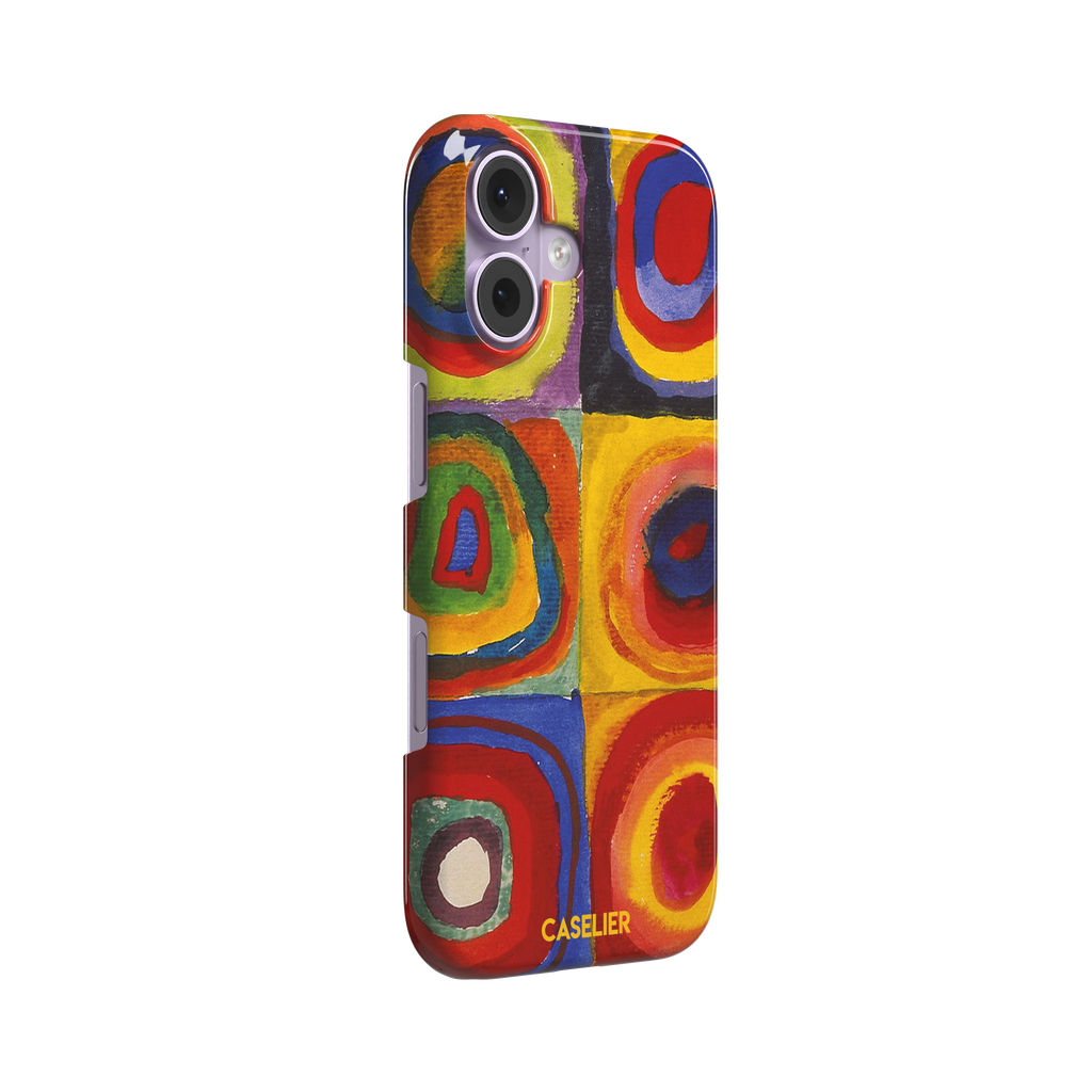 Kandinsky color Study Squares with Concentric Circles phone case showing vivid red, blue, yellow and green painted rings, phone case by Caselier — snap case, left view