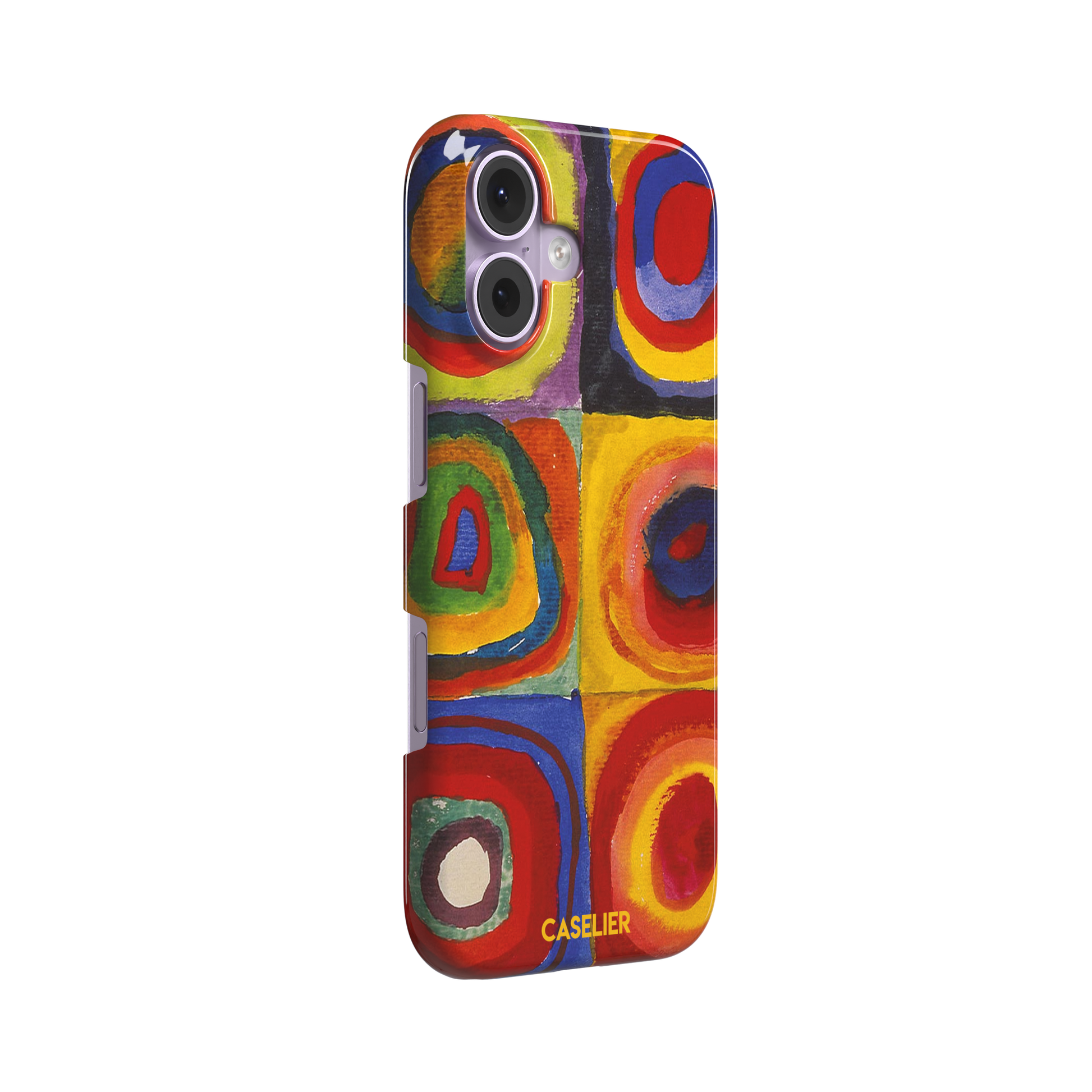 Kandinsky color Study Squares with Concentric Circles phone case showing vivid red, blue, yellow and green painted rings, phone case by Caselier — snap case, left view
