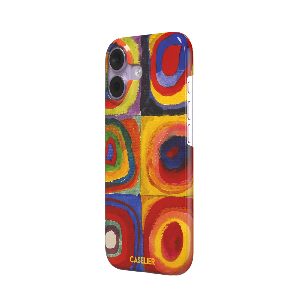 Kandinsky color Study Squares with Concentric Circles phone case showing vivid red, blue, yellow and green painted rings, phone case by Caselier — snap case, right view
