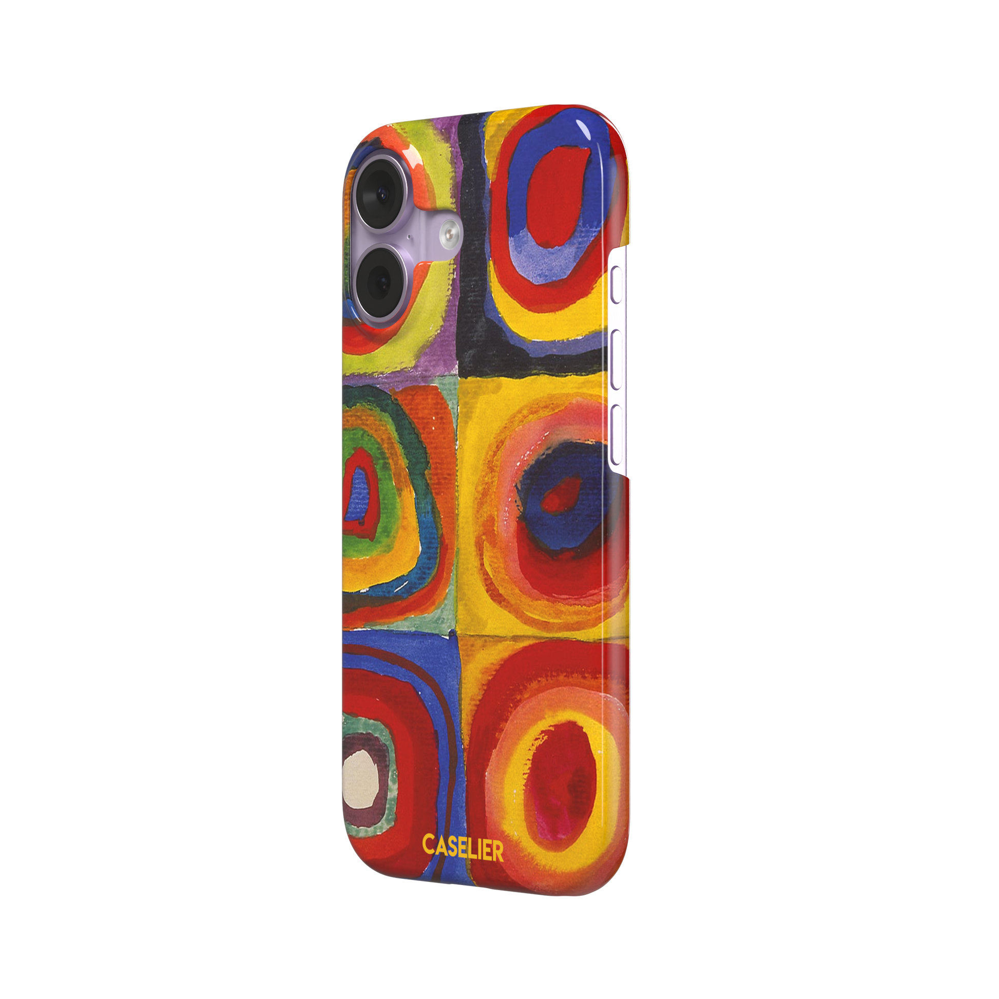 Kandinsky color Study Squares with Concentric Circles phone case showing vivid red, blue, yellow and green painted rings, phone case by Caselier — snap case, right view
