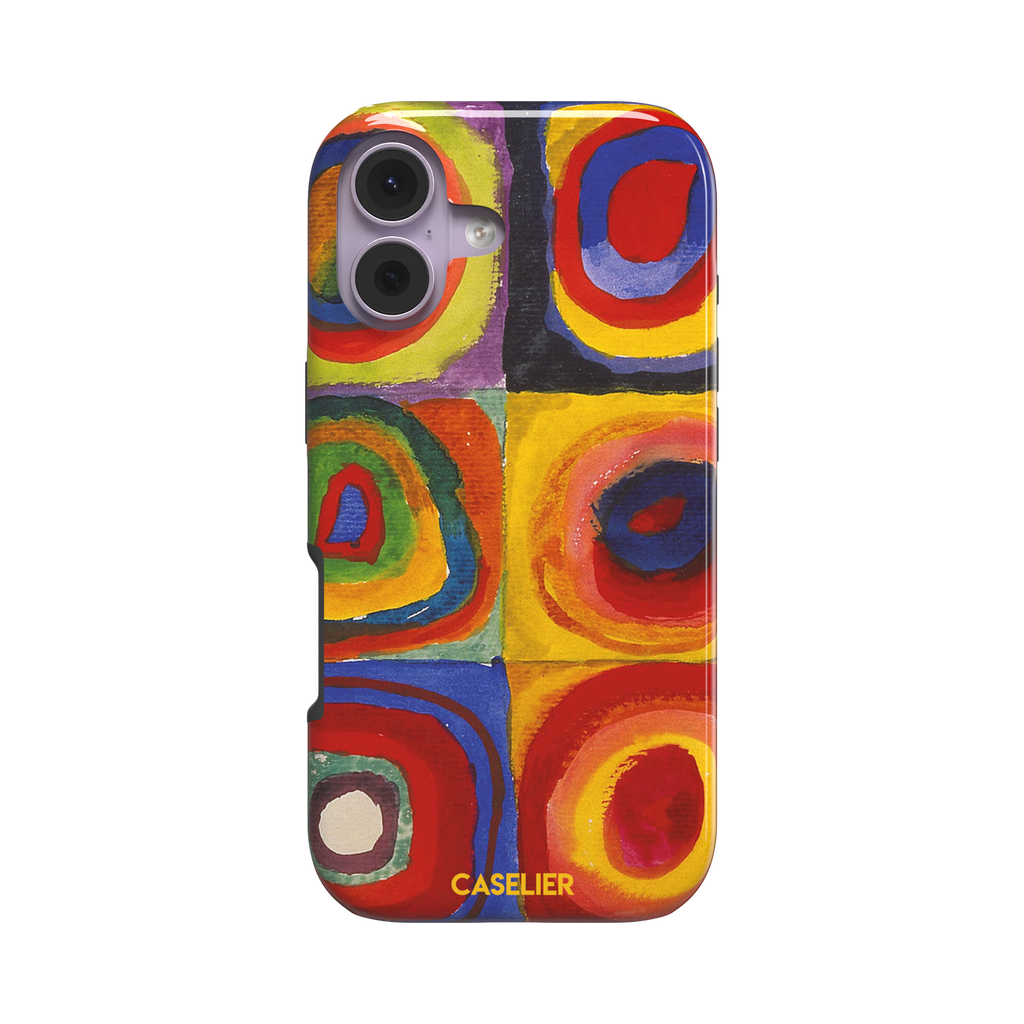 Kandinsky color Study Squares with Concentric Circles phone case showing vivid red, blue, yellow and green painted rings, phone case by Caselier — tough case, front view
