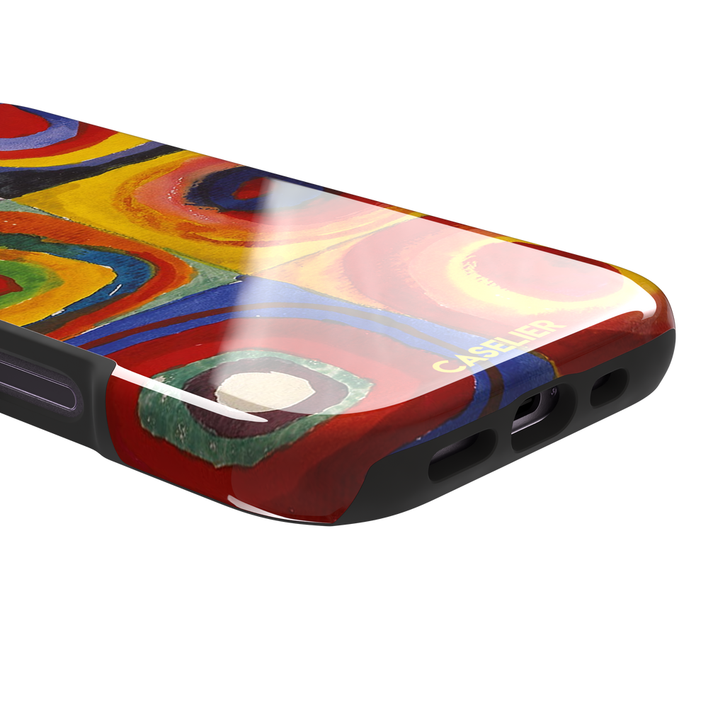 Kandinsky color Study Squares with Concentric Circles phone case showing vivid red, blue, yellow and green painted rings, phone case by Caselier — tough case, charging port detail