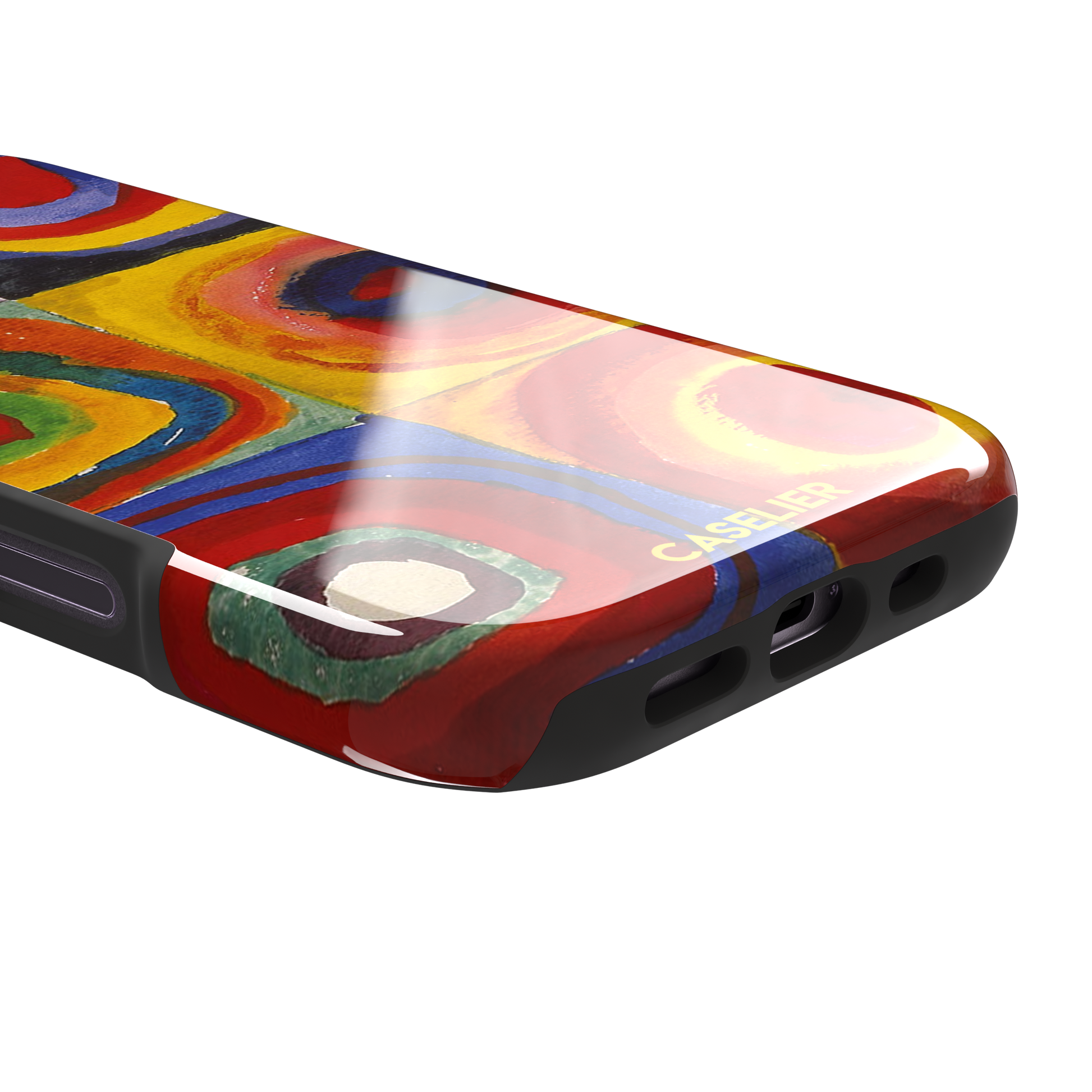 Kandinsky color Study Squares with Concentric Circles phone case showing vivid red, blue, yellow and green painted rings, phone case by Caselier — tough case, charging port detail