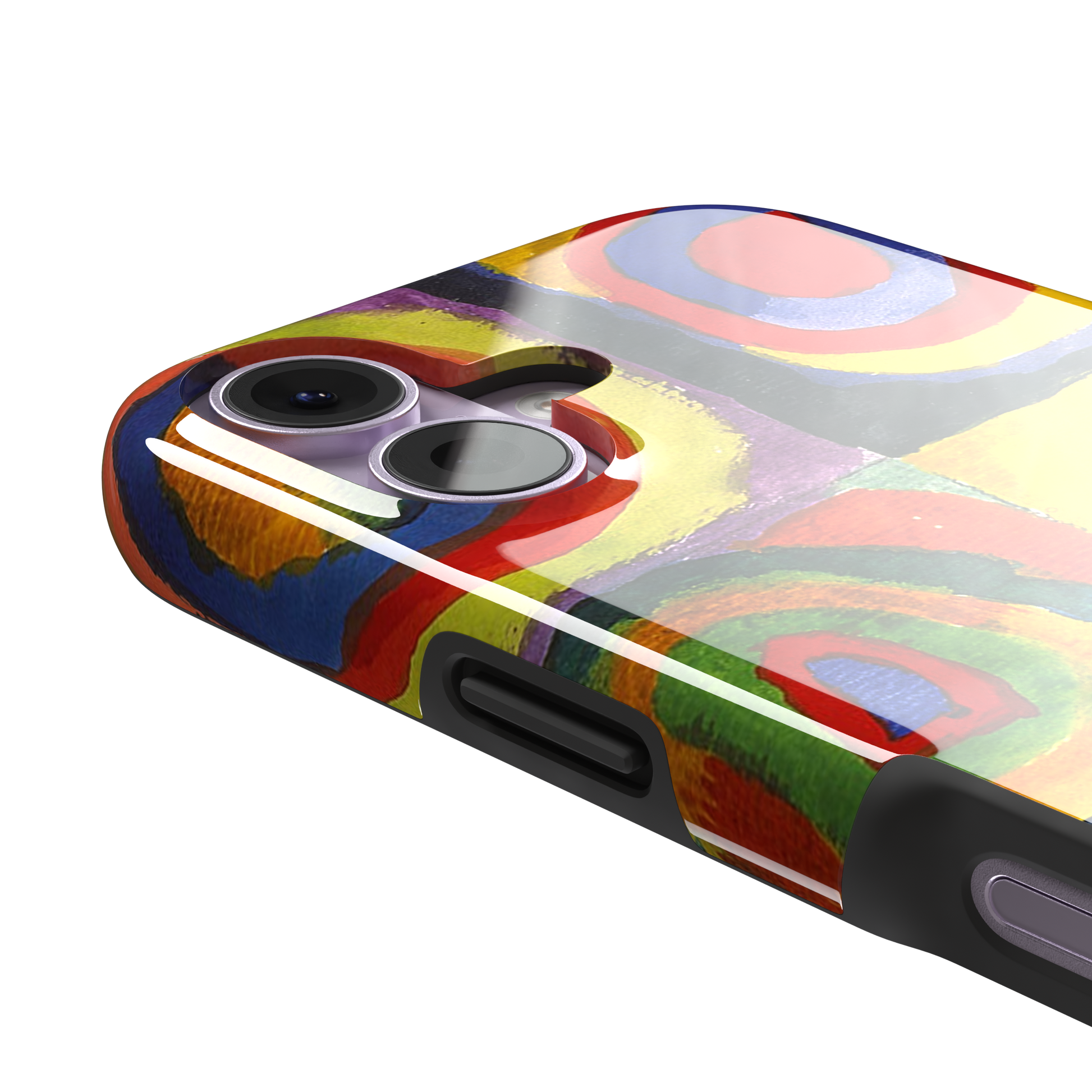 Kandinsky color Study Squares with Concentric Circles phone case showing vivid red, blue, yellow and green painted rings, phone case by Caselier — tough case, volume buttons detail