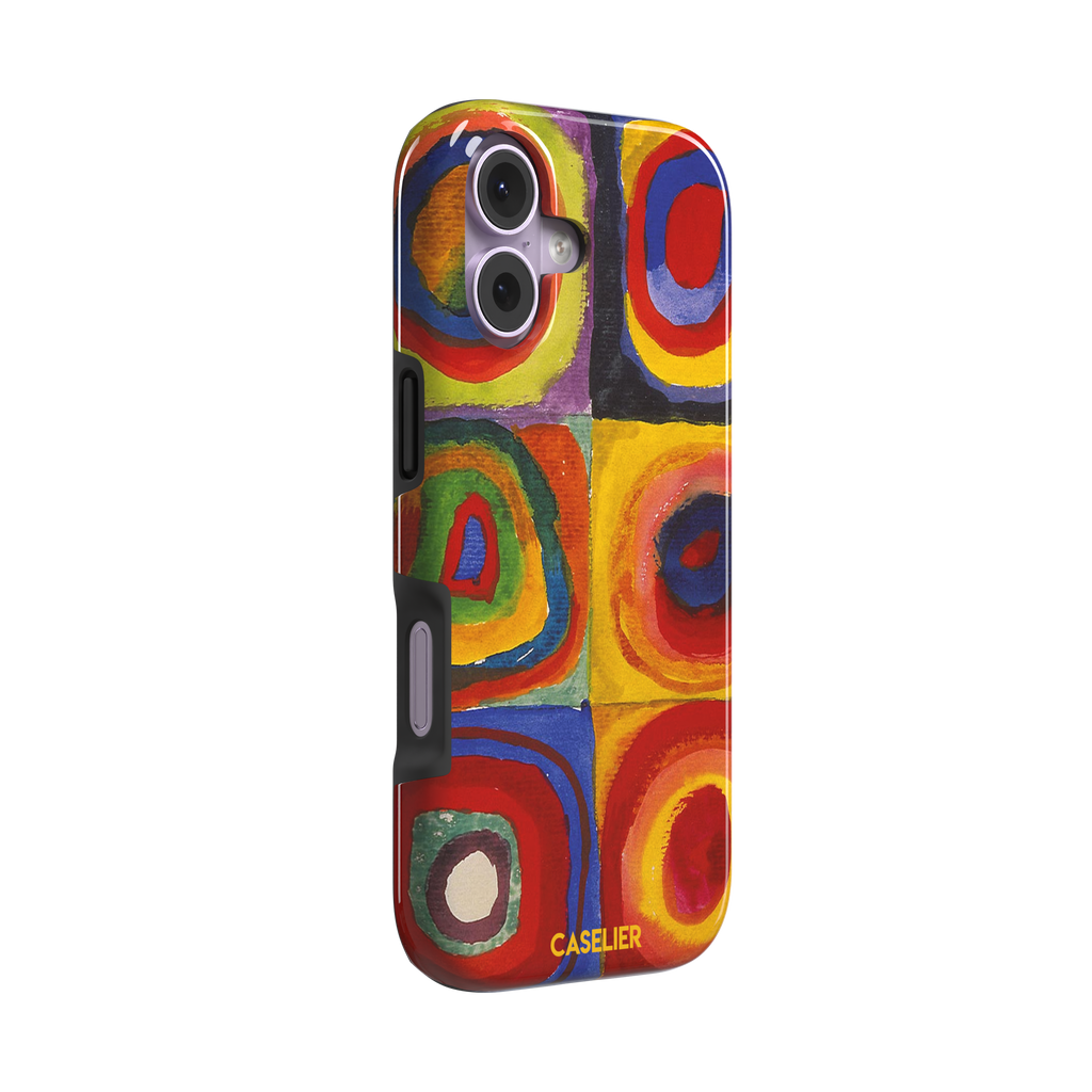 Kandinsky color Study Squares with Concentric Circles phone case showing vivid red, blue, yellow and green painted rings, phone case by Caselier — tough case, left view