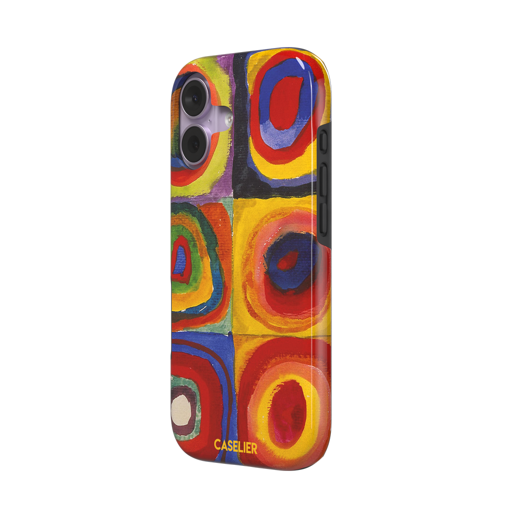 Kandinsky color Study Squares with Concentric Circles phone case showing vivid red, blue, yellow and green painted rings, phone case by Caselier — tough case, right view