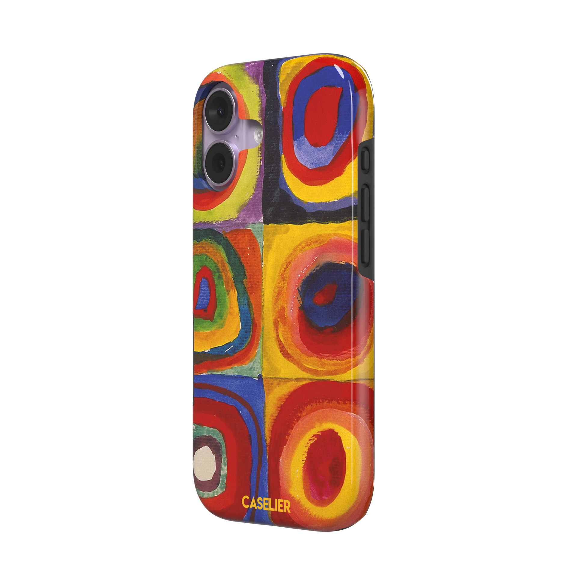 Kandinsky color Study Squares with Concentric Circles phone case showing vivid red, blue, yellow and green painted rings, phone case by Caselier — tough case, right view