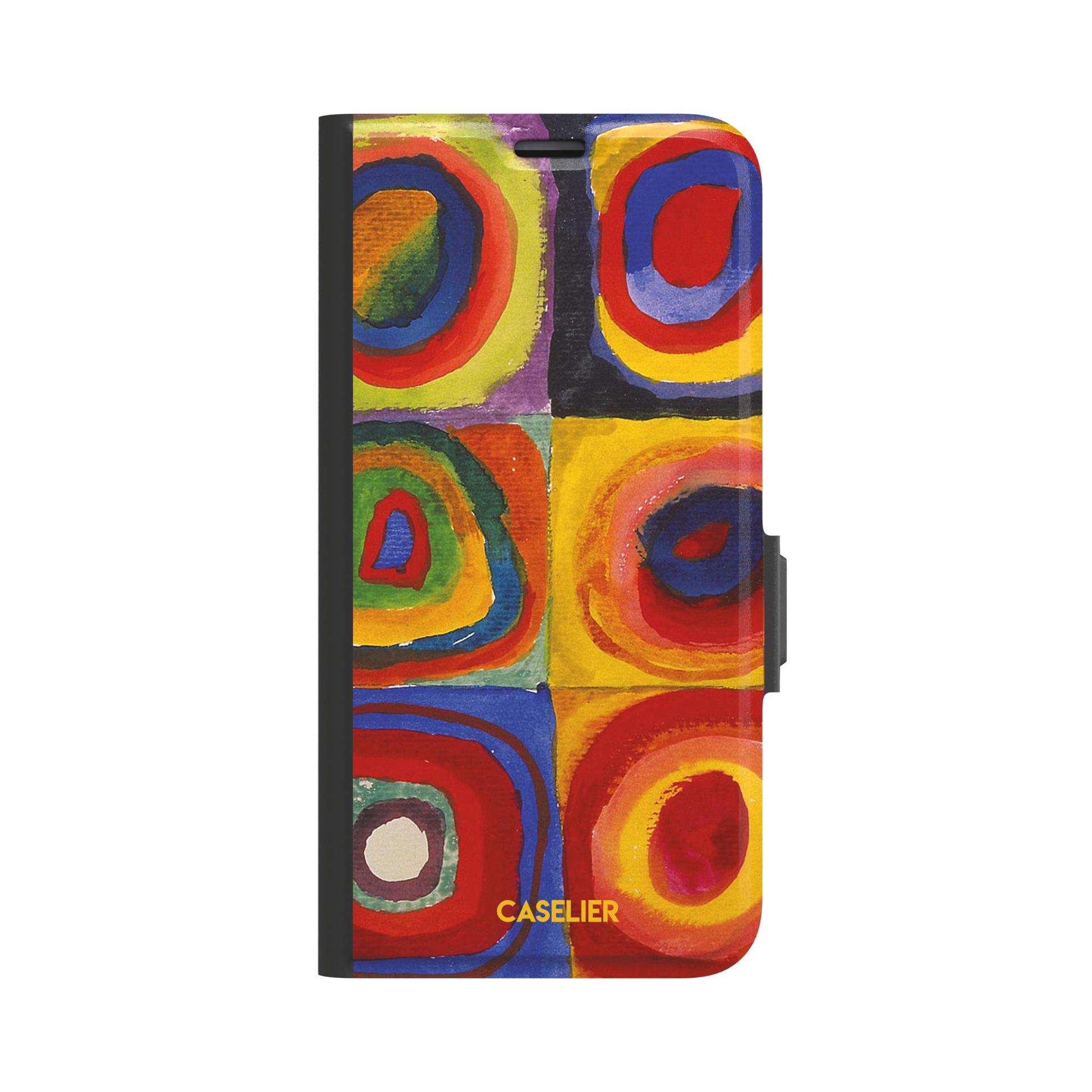 Kandinsky color Study Squares with Concentric Circles phone case showing vivid red, blue, yellow and green painted rings, phone case by Caselier — wallet case, front view