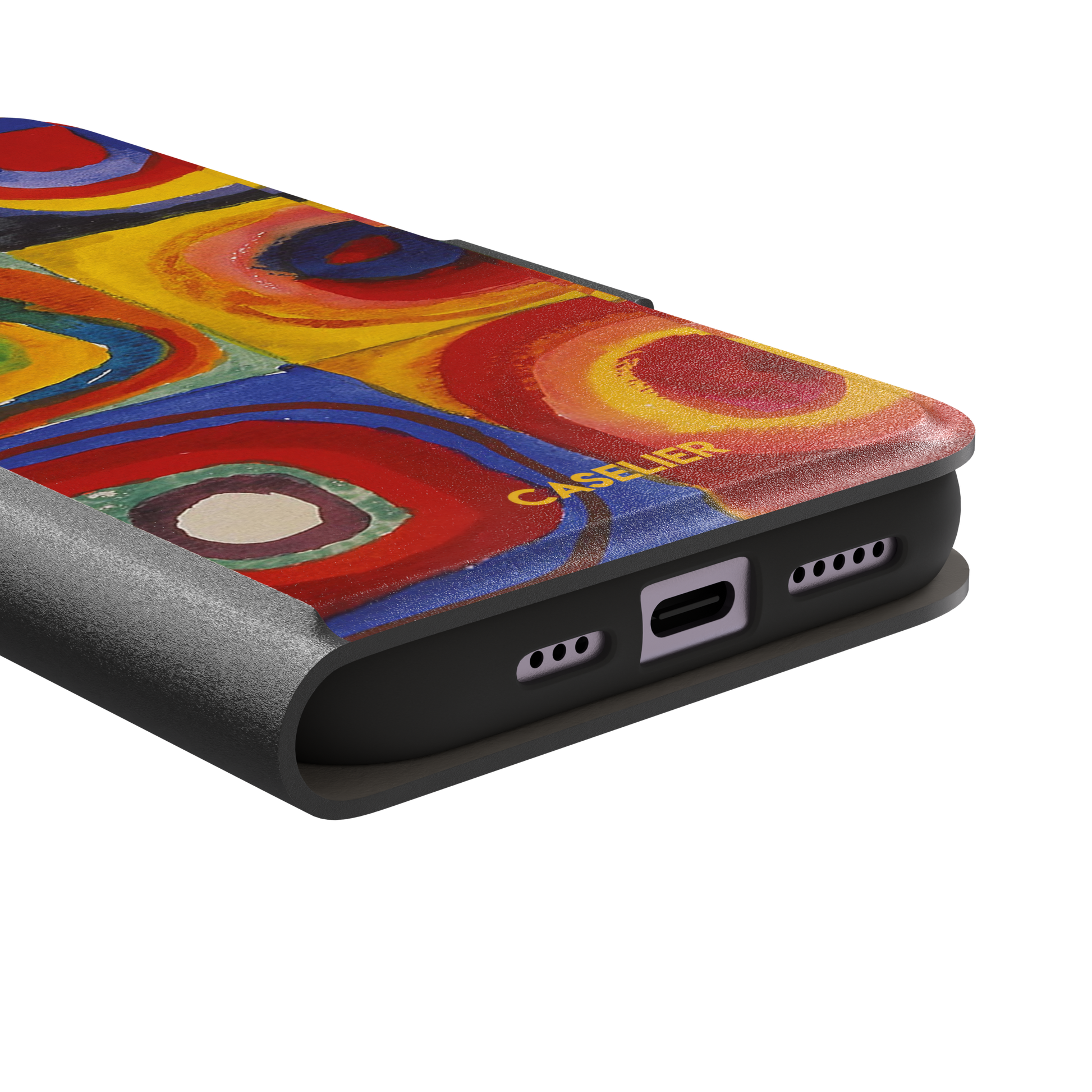 Kandinsky color Study Squares with Concentric Circles phone case showing vivid red, blue, yellow and green painted rings, phone case by Caselier — wallet case, charging port detail