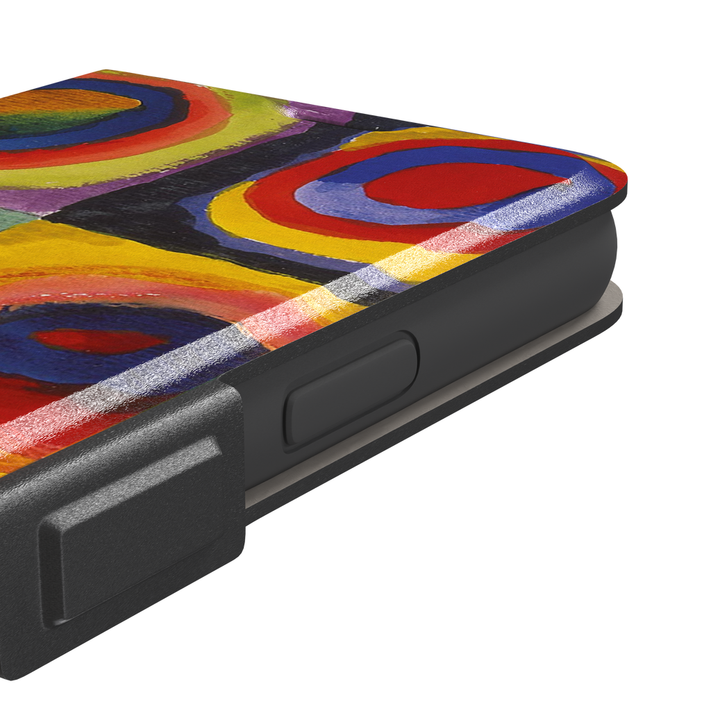 Kandinsky color Study Squares with Concentric Circles phone case showing vivid red, blue, yellow and green painted rings, phone case by Caselier — wallet case, volume buttons detail