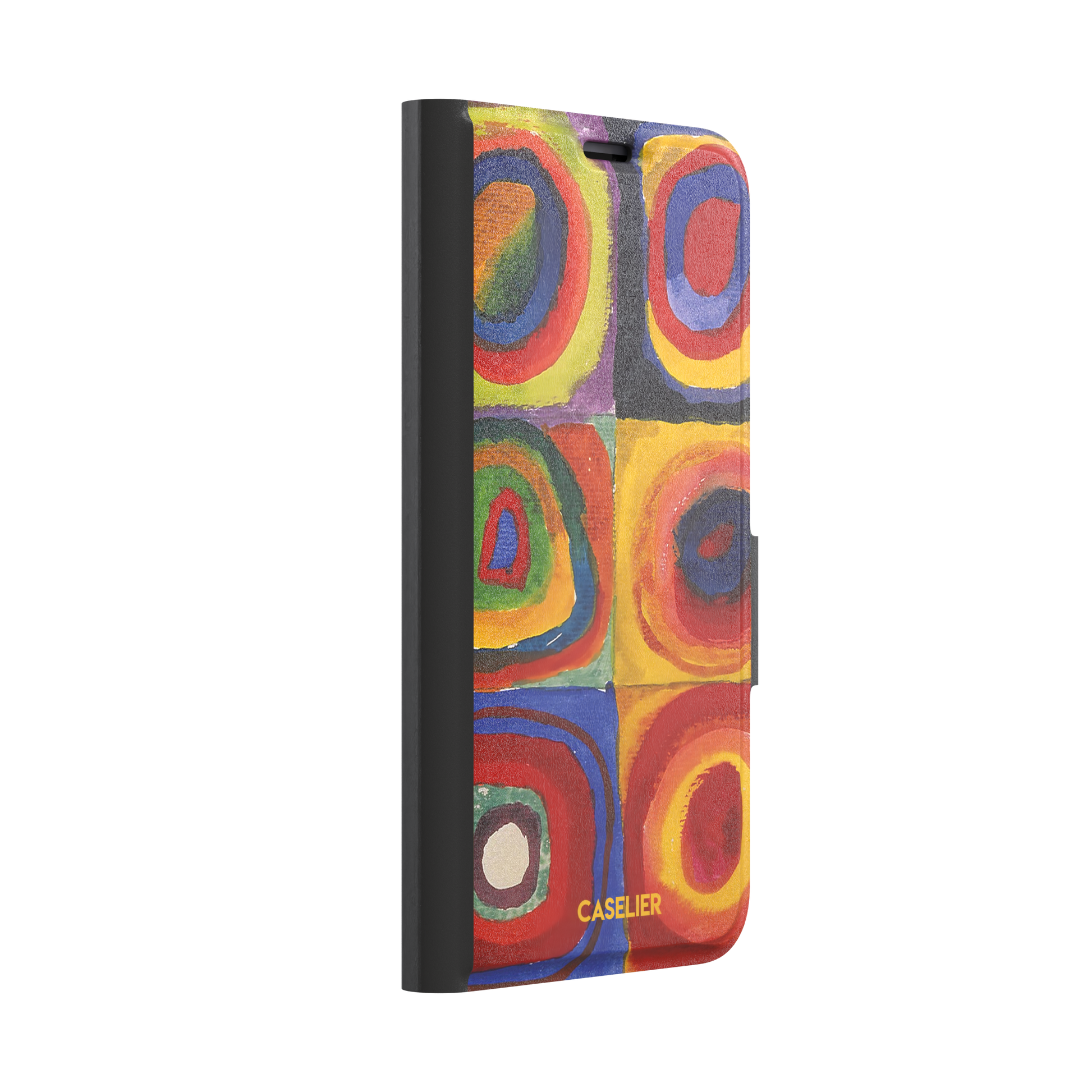 Kandinsky color Study Squares with Concentric Circles phone case showing vivid red, blue, yellow and green painted rings, phone case by Caselier — wallet case, left view