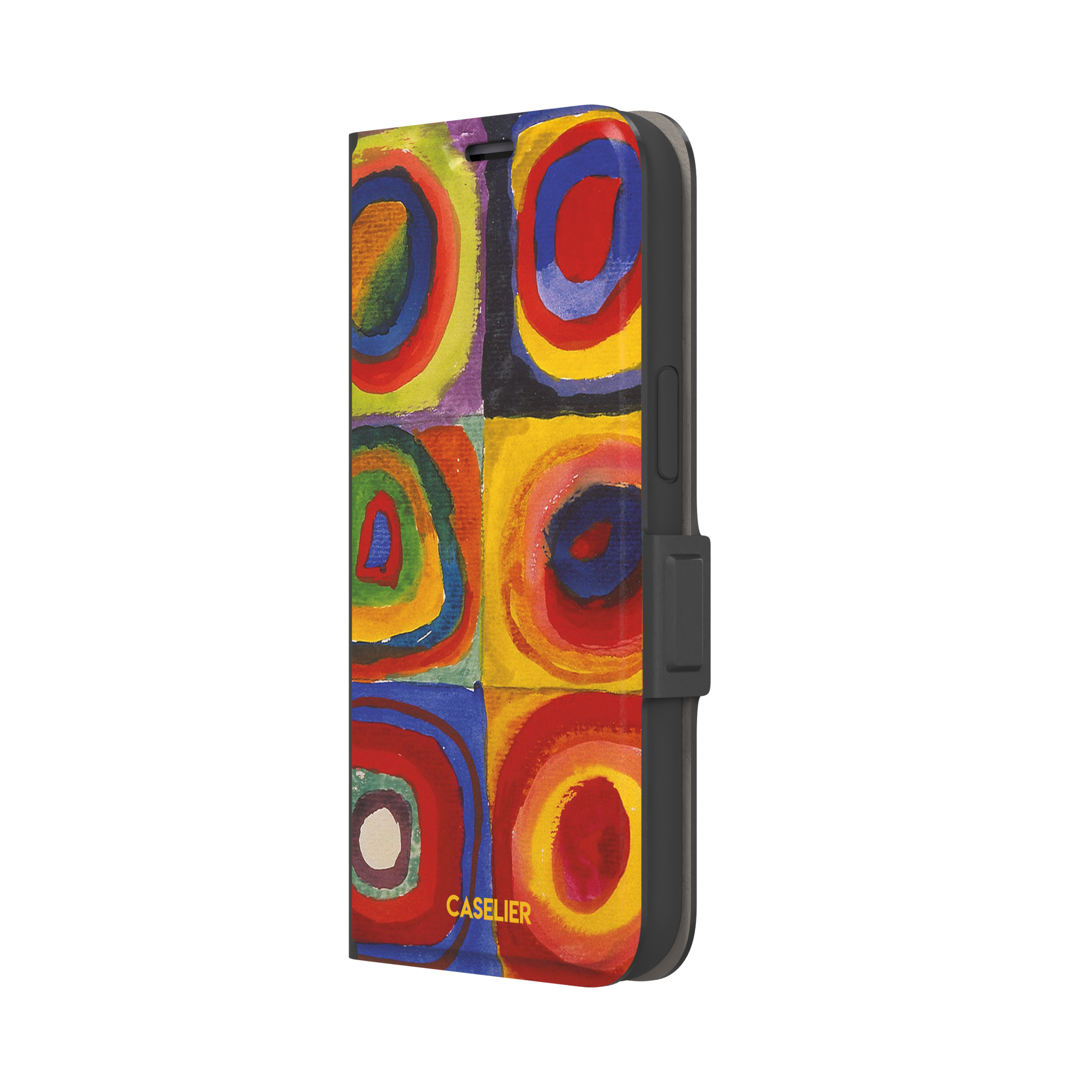 Kandinsky color Study Squares with Concentric Circles phone case showing vivid red, blue, yellow and green painted rings, phone case by Caselier — wallet case, right view