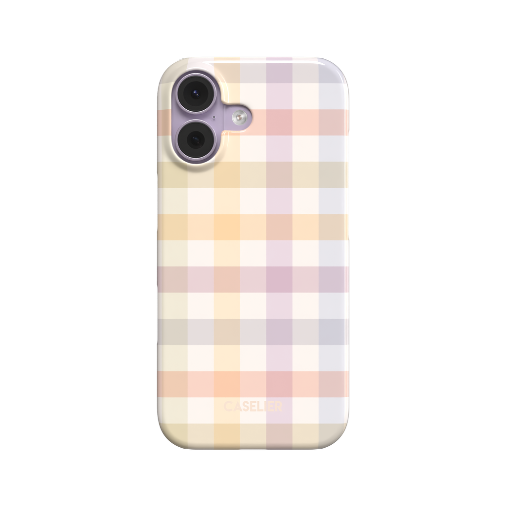 Colorful Plaid pastel gingham phone case in peach, lilac, yellow and grey oversized checks on an ivory base, front view, white background, phone case by Caselier - snap case, front view | Caselier