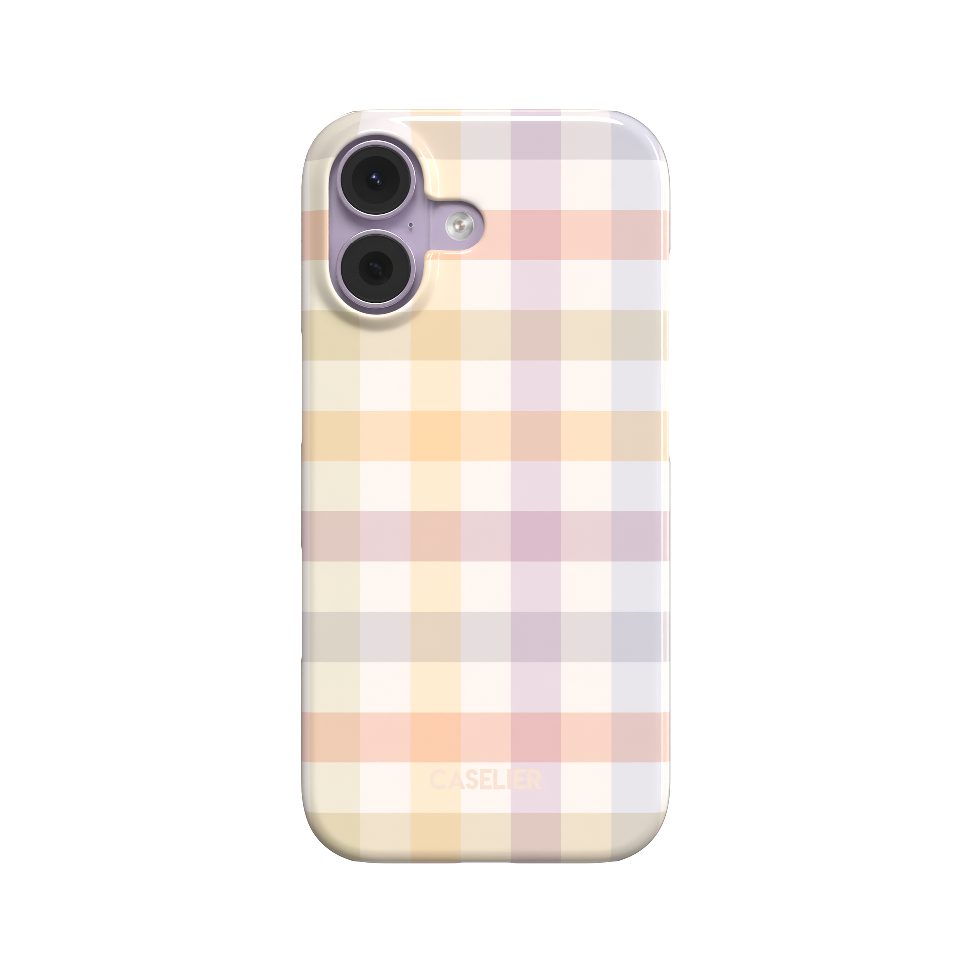 Colorful Plaid pastel gingham phone case in peach, lilac, yellow and grey oversized checks on an ivory base, front view, white background, phone case by Caselier - snap case, front view | Caselier