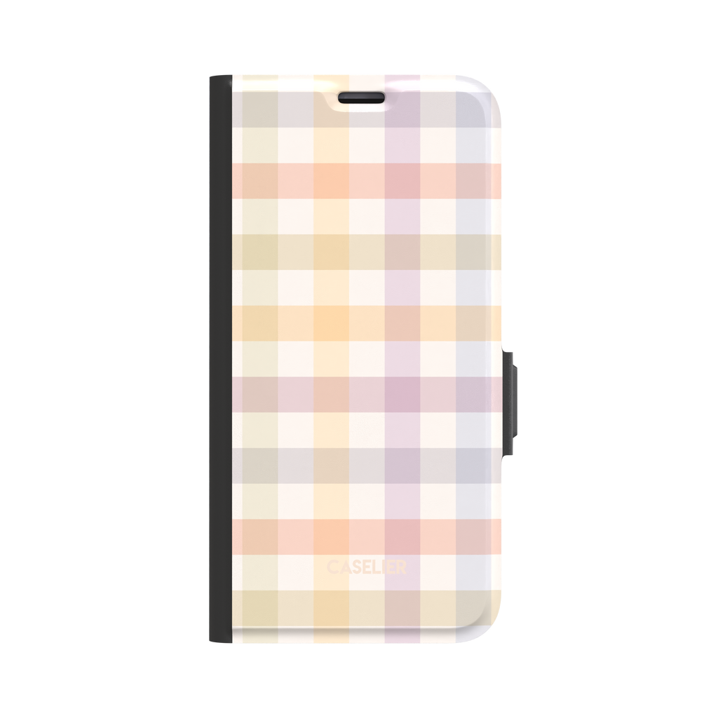 Colorful Plaid pastel gingham design on a folio wallet case with black spine and magnetic clasp, front cover view, white background, phone case by Caselier - wallet case, front view | Caselier