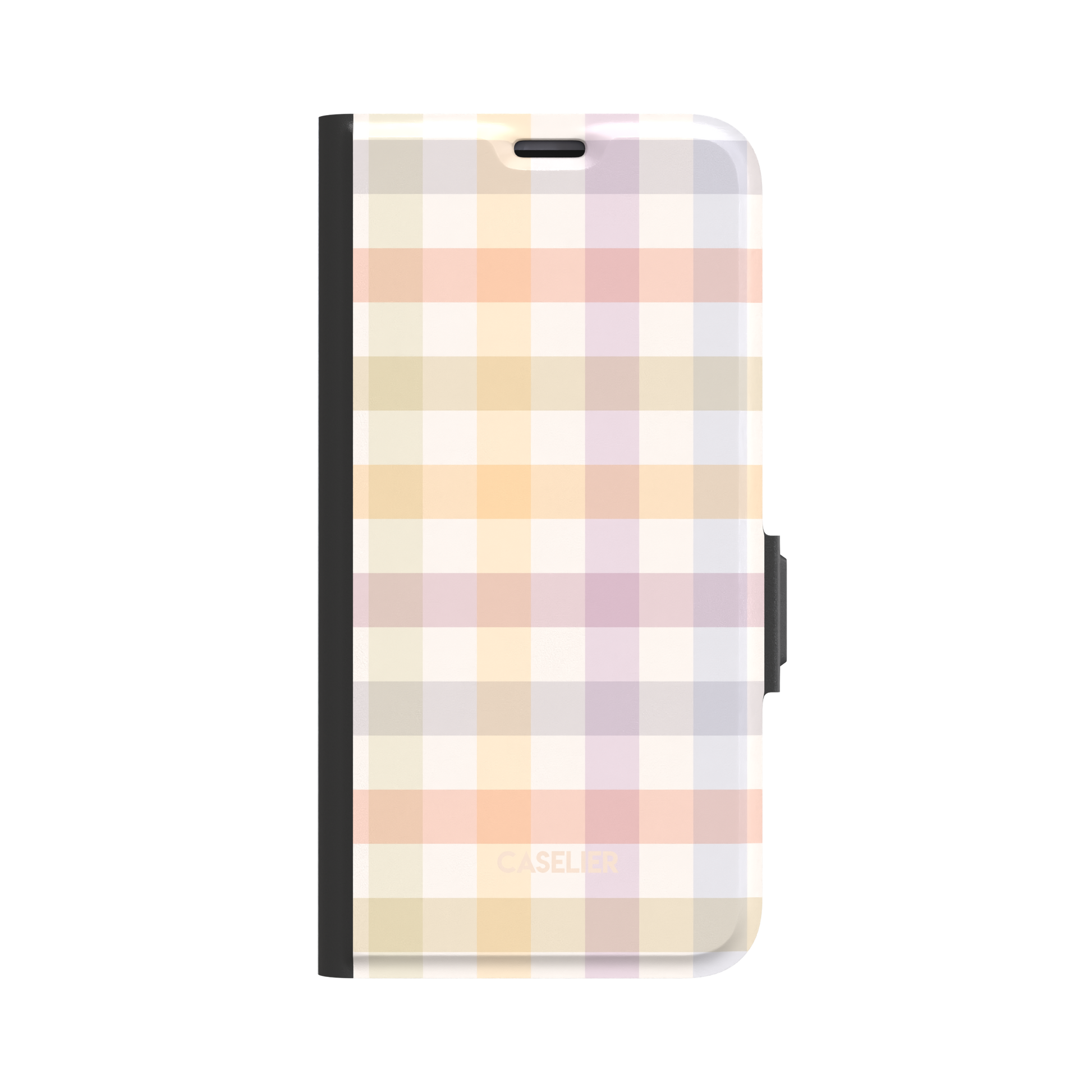 Colorful Plaid pastel gingham design on a folio wallet case with black spine and magnetic clasp, front cover view, white background, phone case by Caselier - wallet case, front view | Caselier