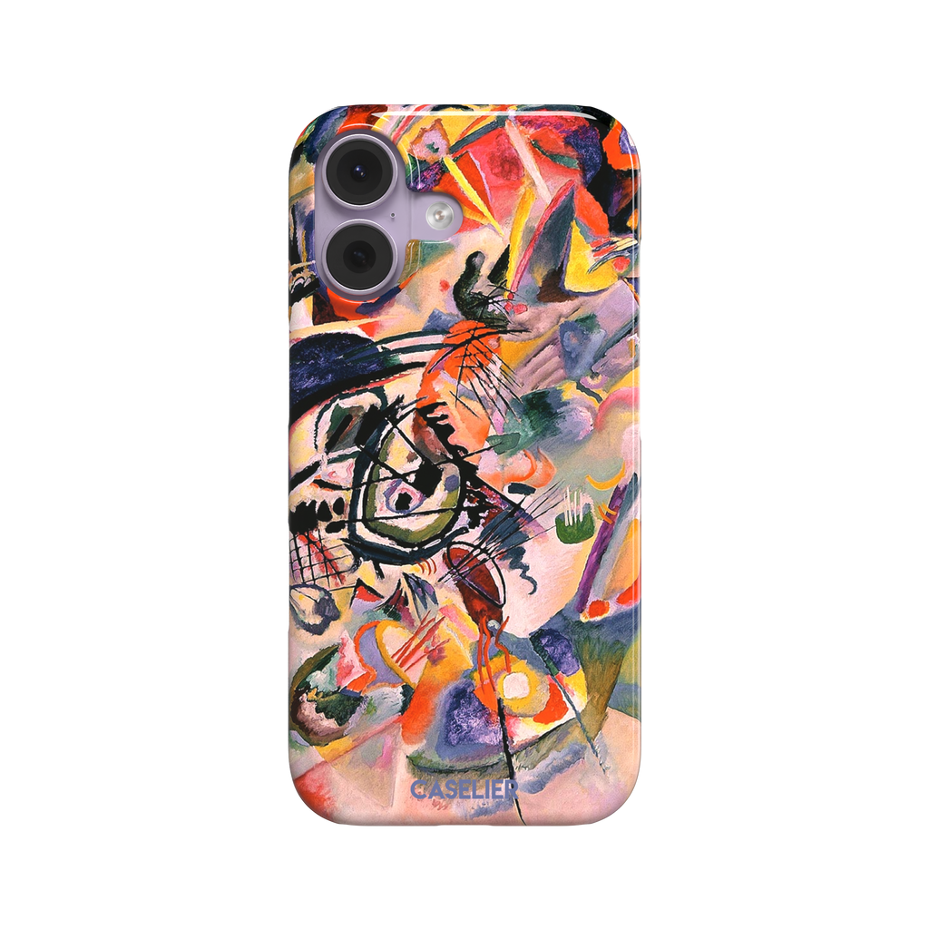 Composition VII by Wassily Kandinsky phone case featuring swirling black lines, fiery red and orange bursts, and soft violet and yellow abstract forms, phone case by Caselier — snap case, front view