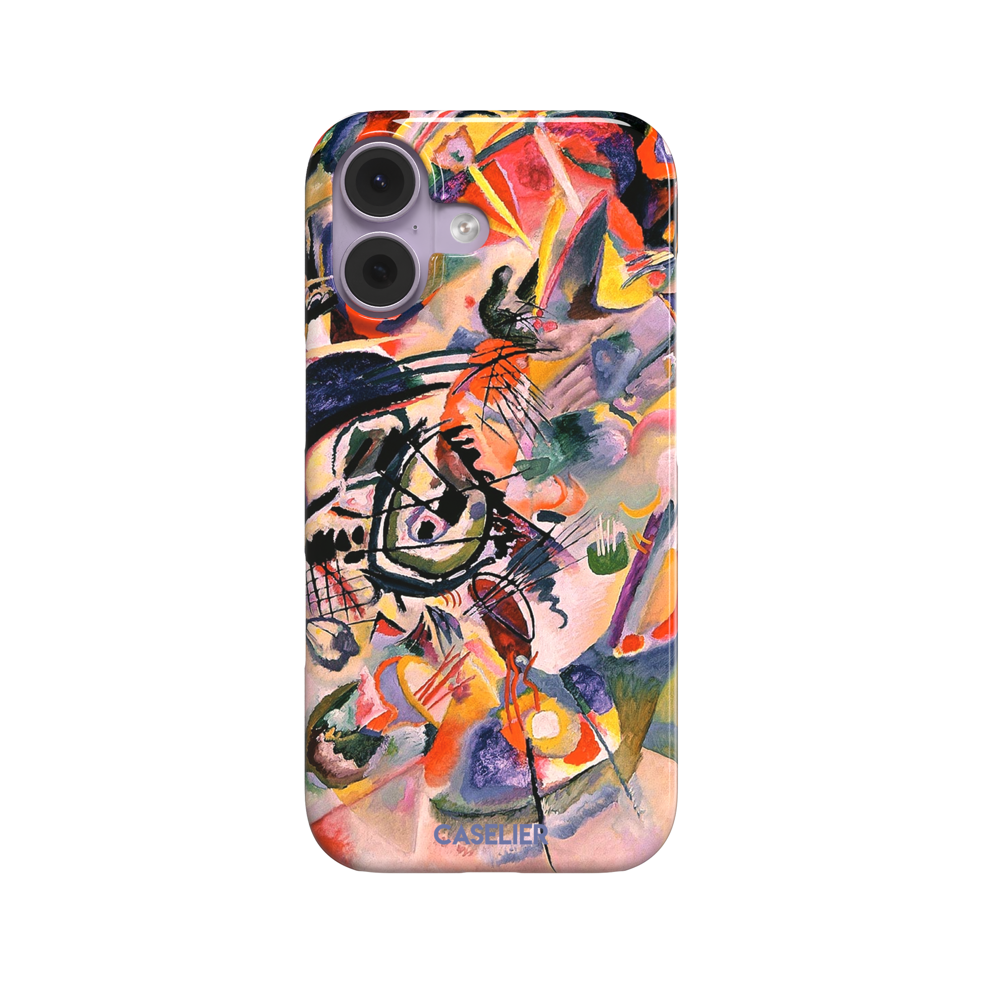 Composition VII by Wassily Kandinsky phone case featuring swirling black lines, fiery red and orange bursts, and soft violet and yellow abstract forms, phone case by Caselier — snap case, front view
