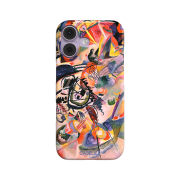 Composition VII by Wassily Kandinsky phone case featuring swirling black lines, fiery red and orange bursts, and soft violet and yellow abstract forms, phone case by Caselier — snap case, front view