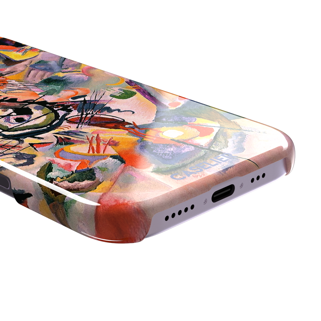 Composition VII by Wassily Kandinsky phone case featuring swirling black lines, fiery red and orange bursts, and soft violet and yellow abstract forms, phone case by Caselier — snap case, charging port detail