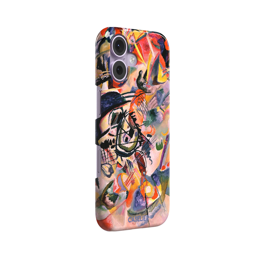 Composition VII by Wassily Kandinsky phone case featuring swirling black lines, fiery red and orange bursts, and soft violet and yellow abstract forms, phone case by Caselier — snap case, left view