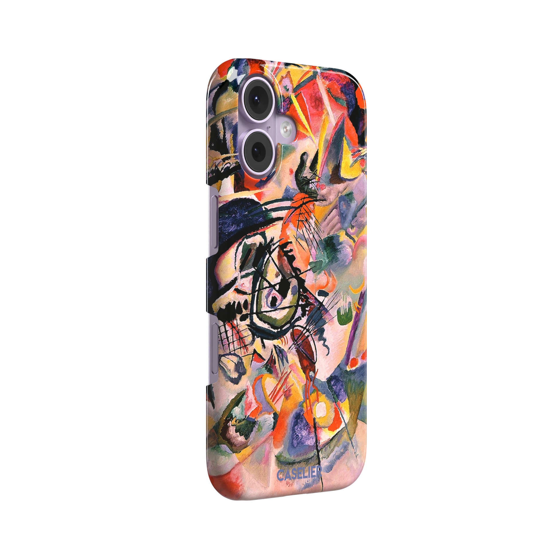 Composition VII by Wassily Kandinsky phone case featuring swirling black lines, fiery red and orange bursts, and soft violet and yellow abstract forms, phone case by Caselier — snap case, left view