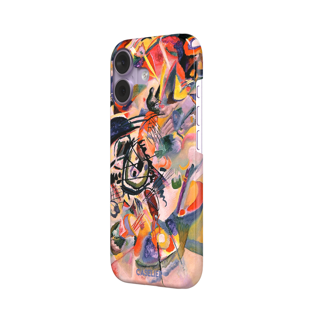 Composition VII by Wassily Kandinsky phone case featuring swirling black lines, fiery red and orange bursts, and soft violet and yellow abstract forms, phone case by Caselier — snap case, right view