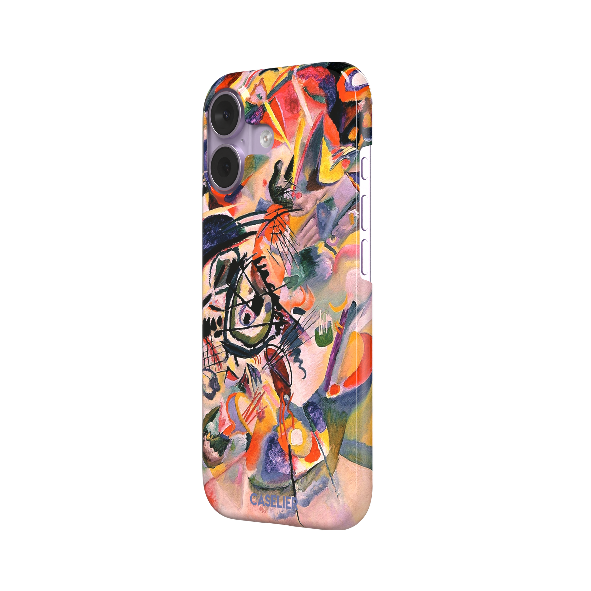 Composition VII by Wassily Kandinsky phone case featuring swirling black lines, fiery red and orange bursts, and soft violet and yellow abstract forms, phone case by Caselier — snap case, right view
