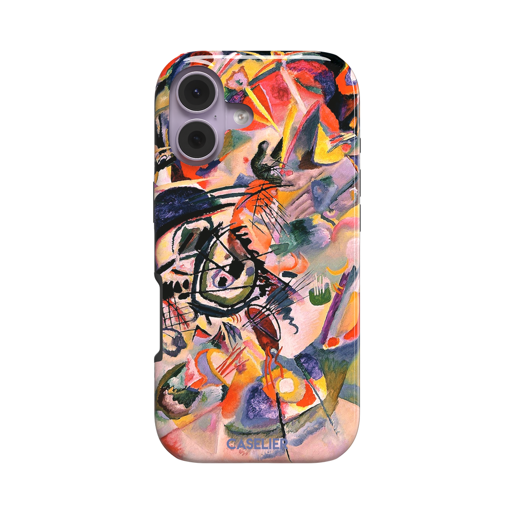 Composition VII by Wassily Kandinsky phone case featuring swirling black lines, fiery red and orange bursts, and soft violet and yellow abstract forms, phone case by Caselier — tough case, front view