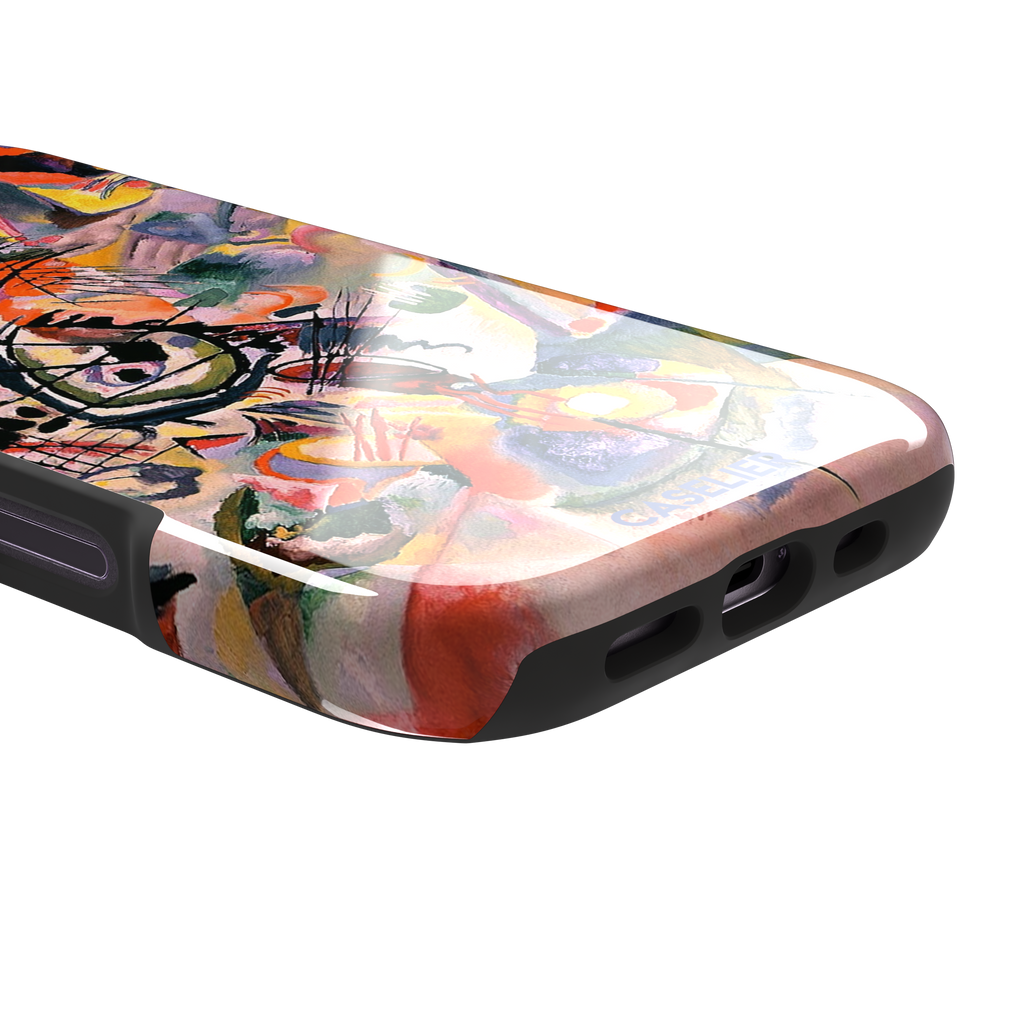 Composition VII by Wassily Kandinsky phone case featuring swirling black lines, fiery red and orange bursts, and soft violet and yellow abstract forms, phone case by Caselier — tough case, charging port detail