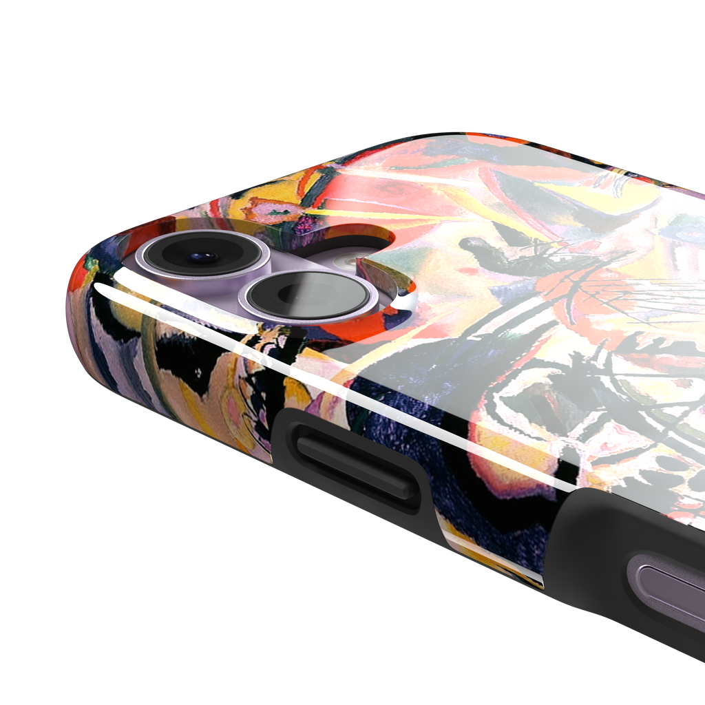 Composition VII by Wassily Kandinsky phone case featuring swirling black lines, fiery red and orange bursts, and soft violet and yellow abstract forms, phone case by Caselier — tough case, volume buttons detail