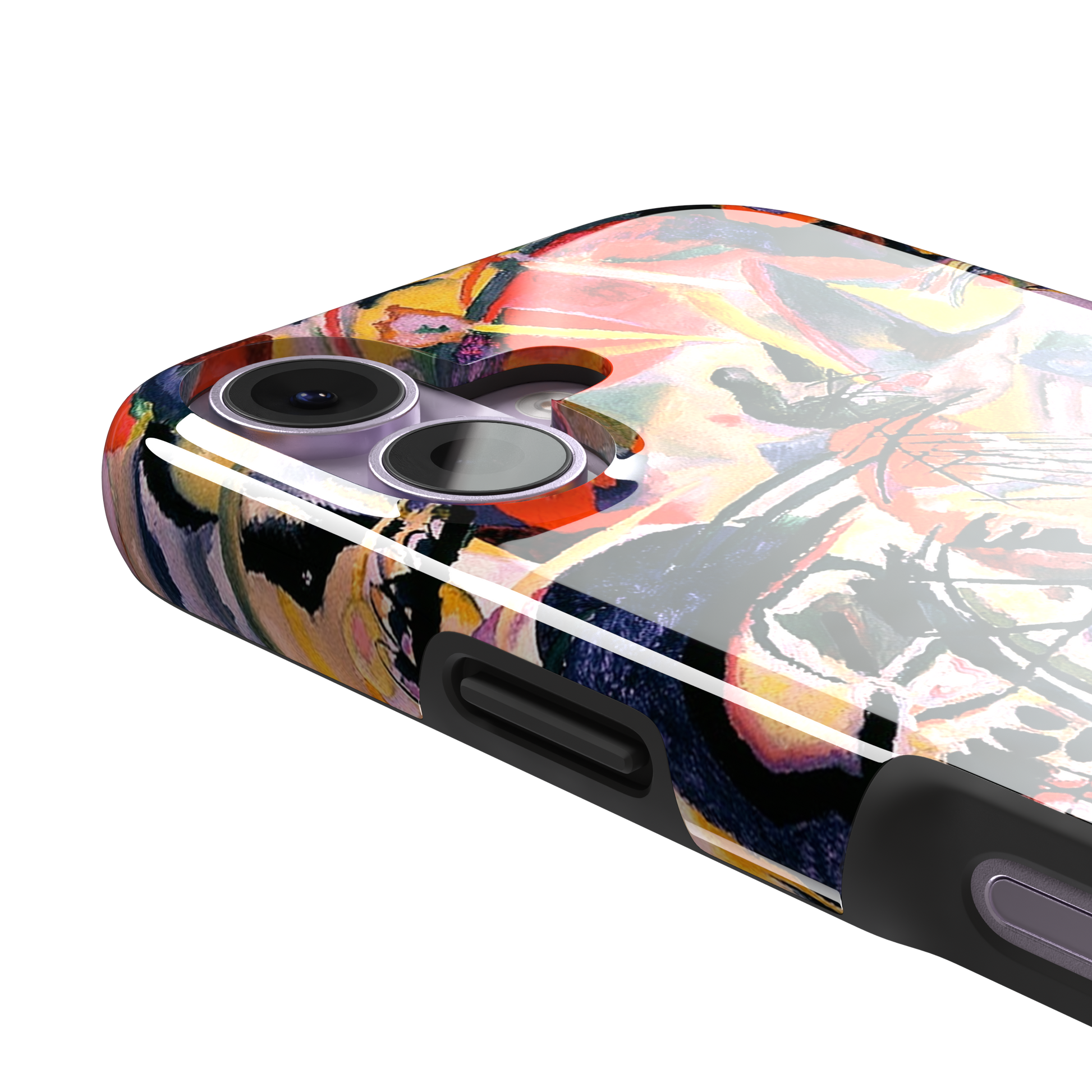 Composition VII by Wassily Kandinsky phone case featuring swirling black lines, fiery red and orange bursts, and soft violet and yellow abstract forms, phone case by Caselier — tough case, volume buttons detail